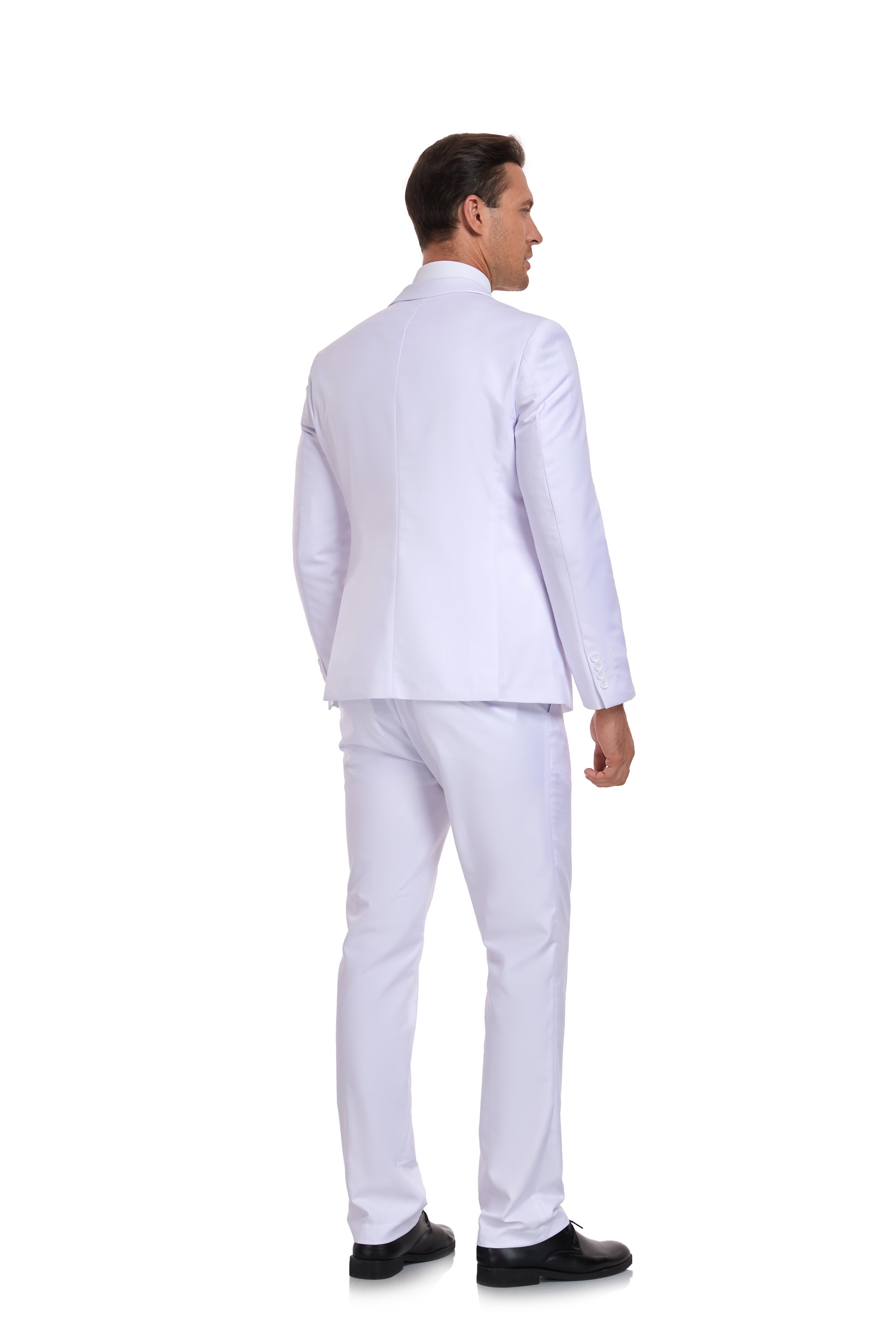 Back view of white 3 piece suit for men with modern clean styling