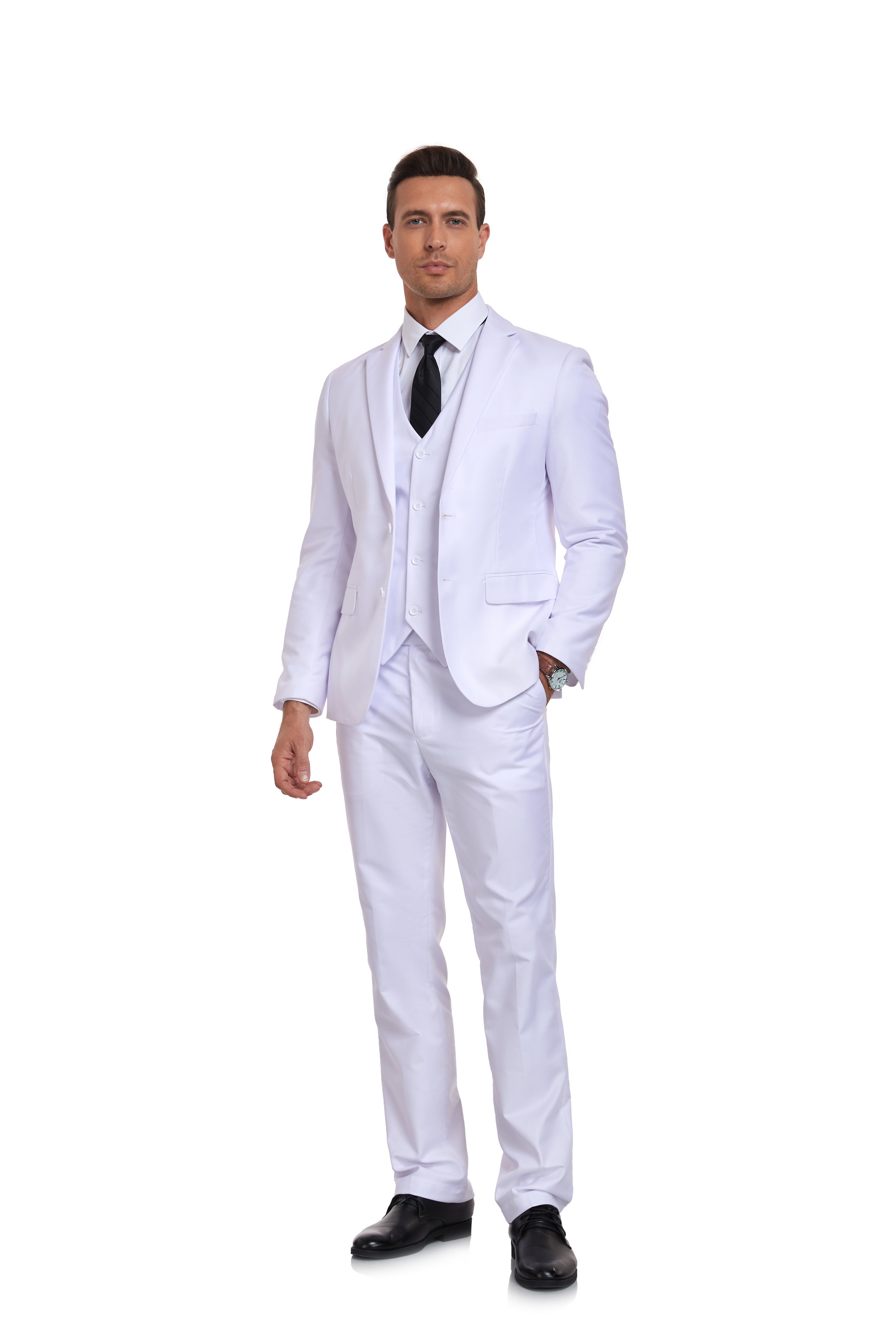 Crisp white tuxedo-style men’s suit ideal for wedding or banquet