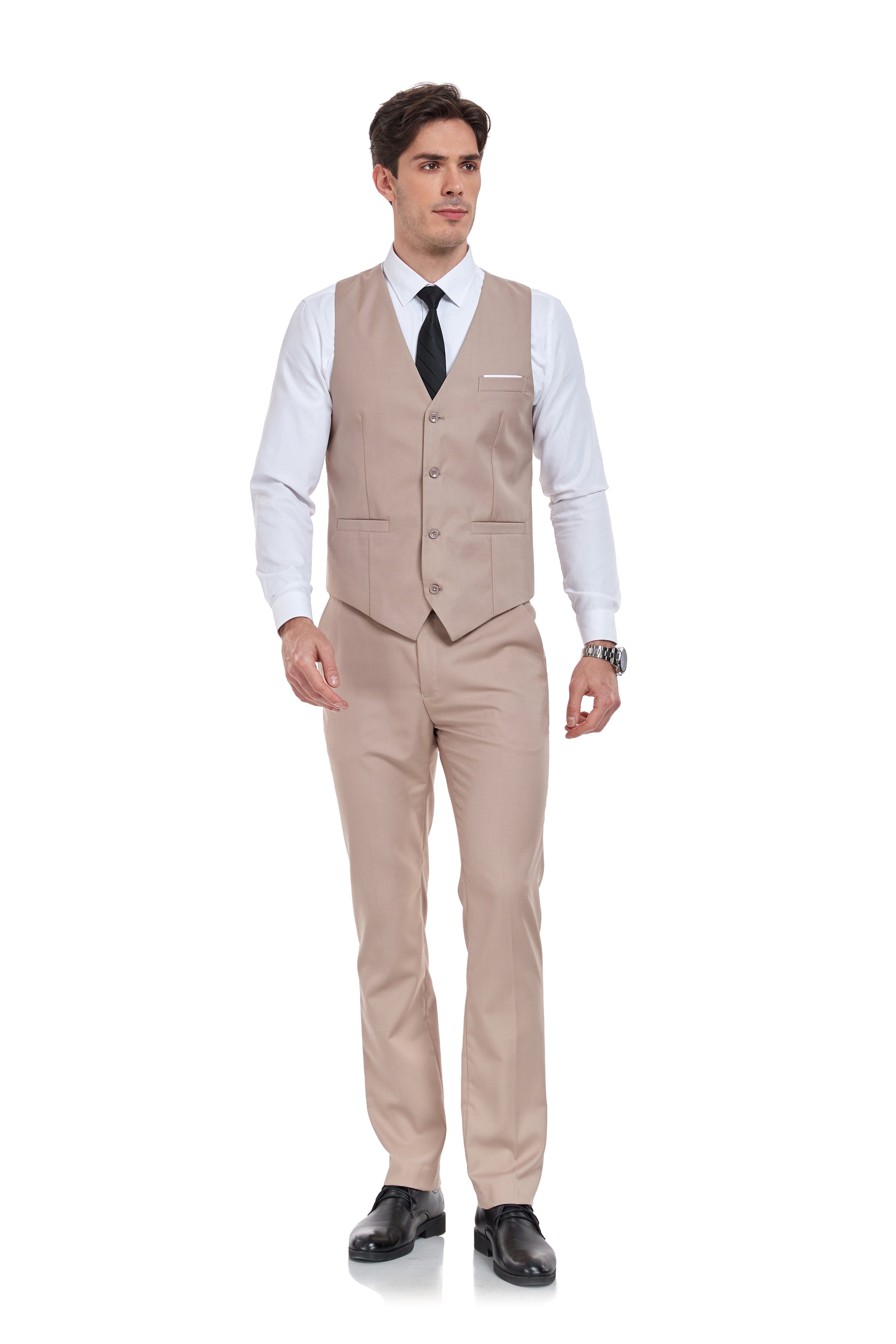 Minimalist men's champagne vest suit – sleeveless look with white shirt and tailored trousers