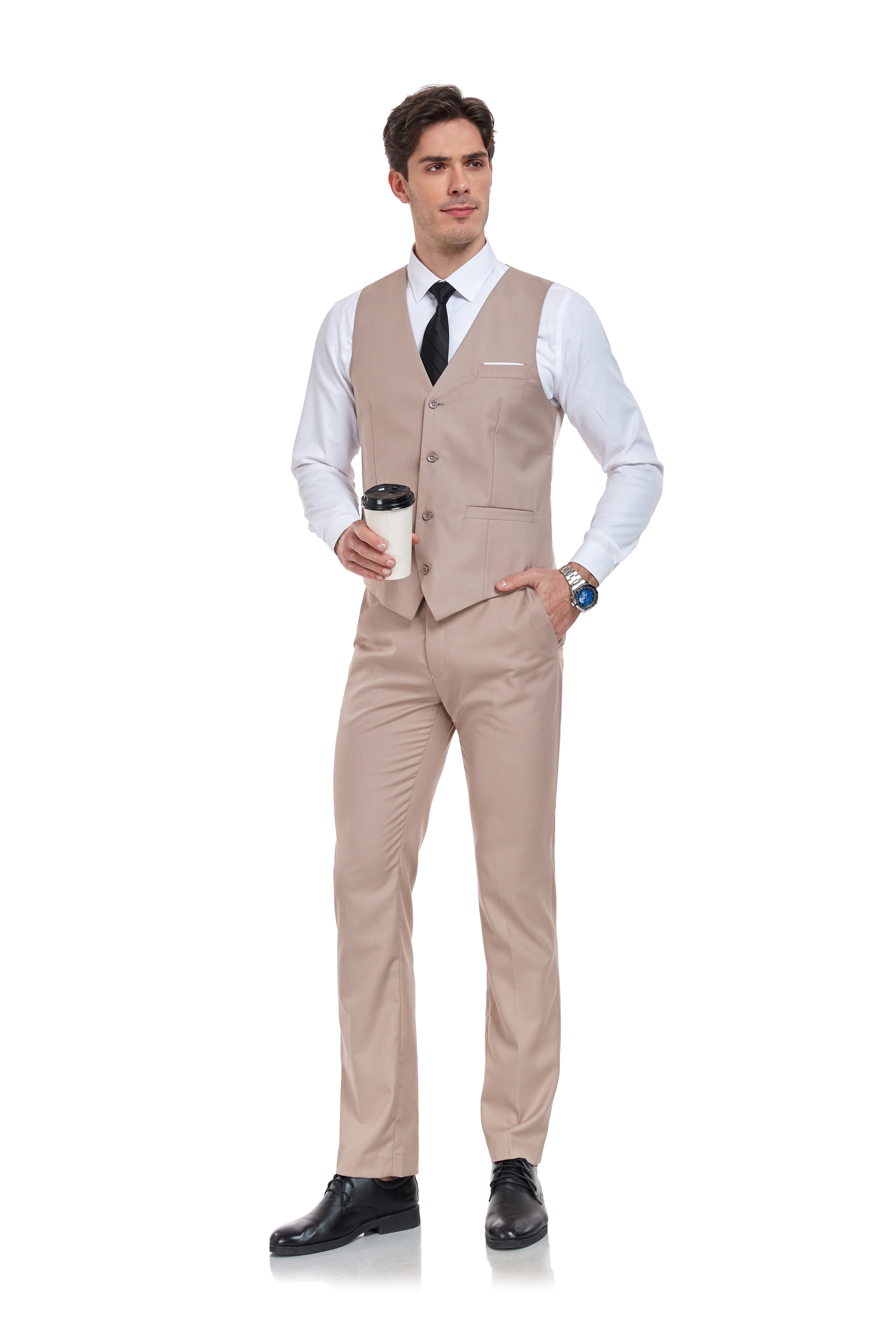 Champagne 2-piece vest and pants set for men – casual V-neck look with black tie and coffee cup
