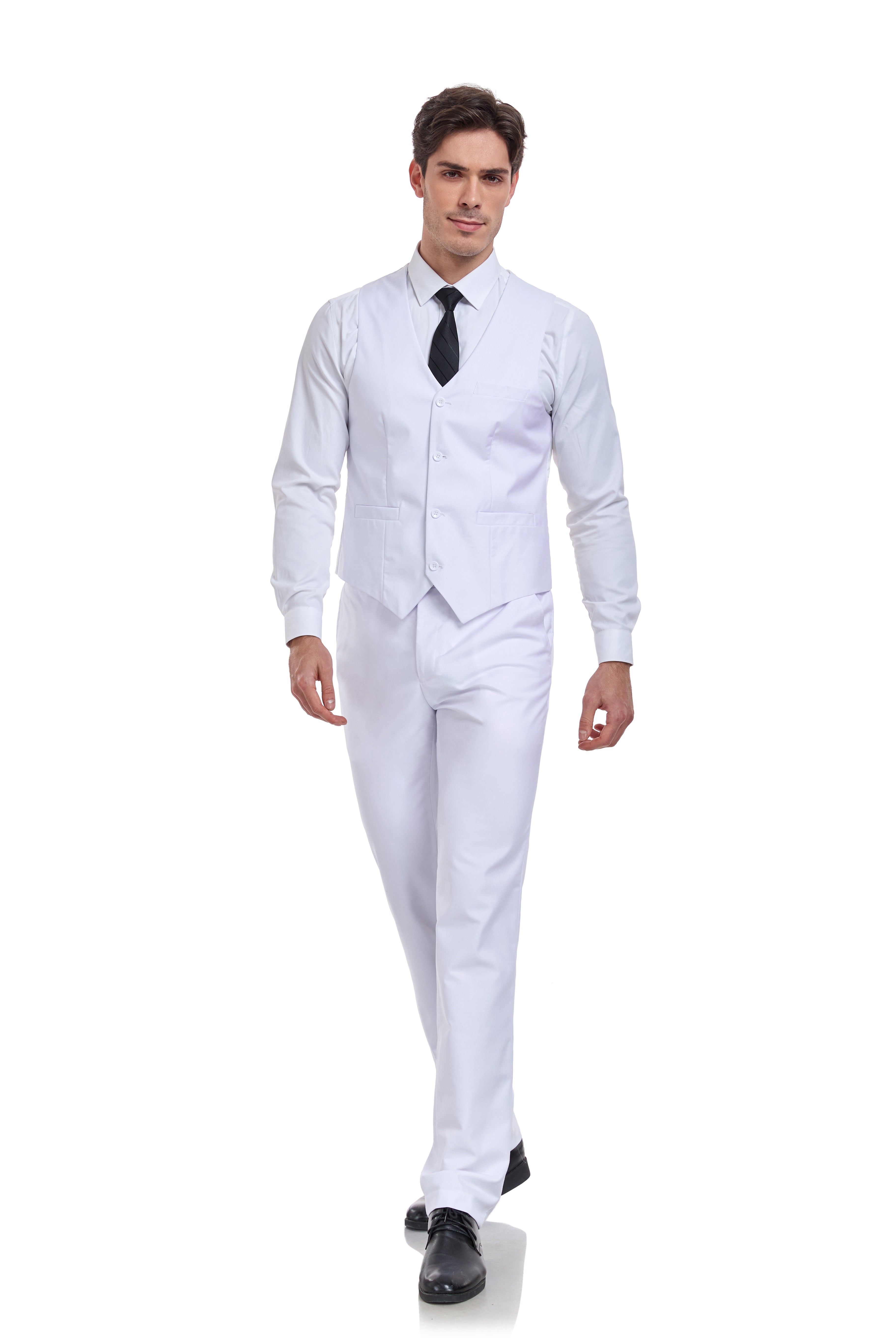 Sleeveless V-neck suit vest in White paired with dress pants – men’s minimalist formalwear