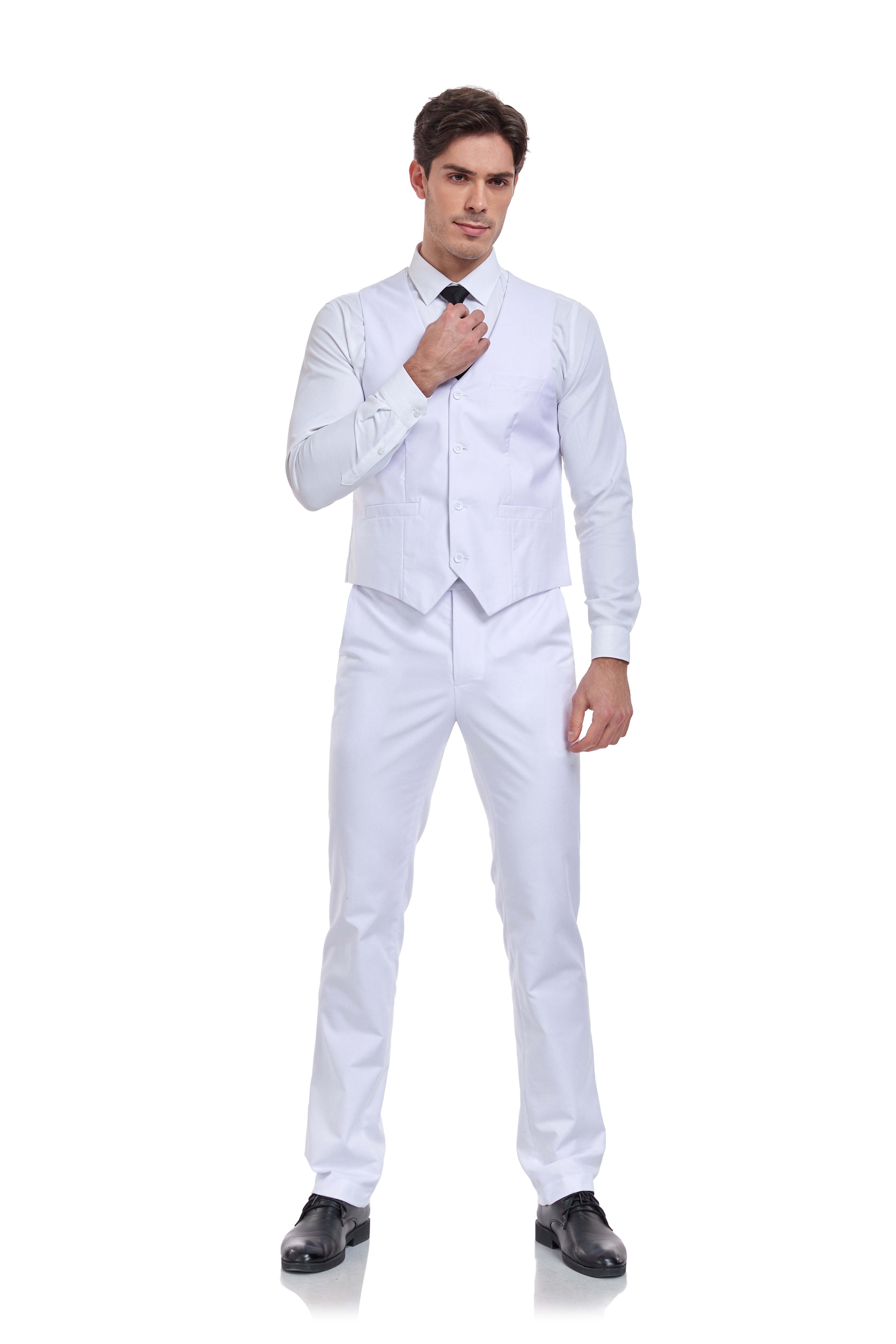 Stylish White 2-piece suit with flat-front trousers and sharp V-cut vest – groom or business look