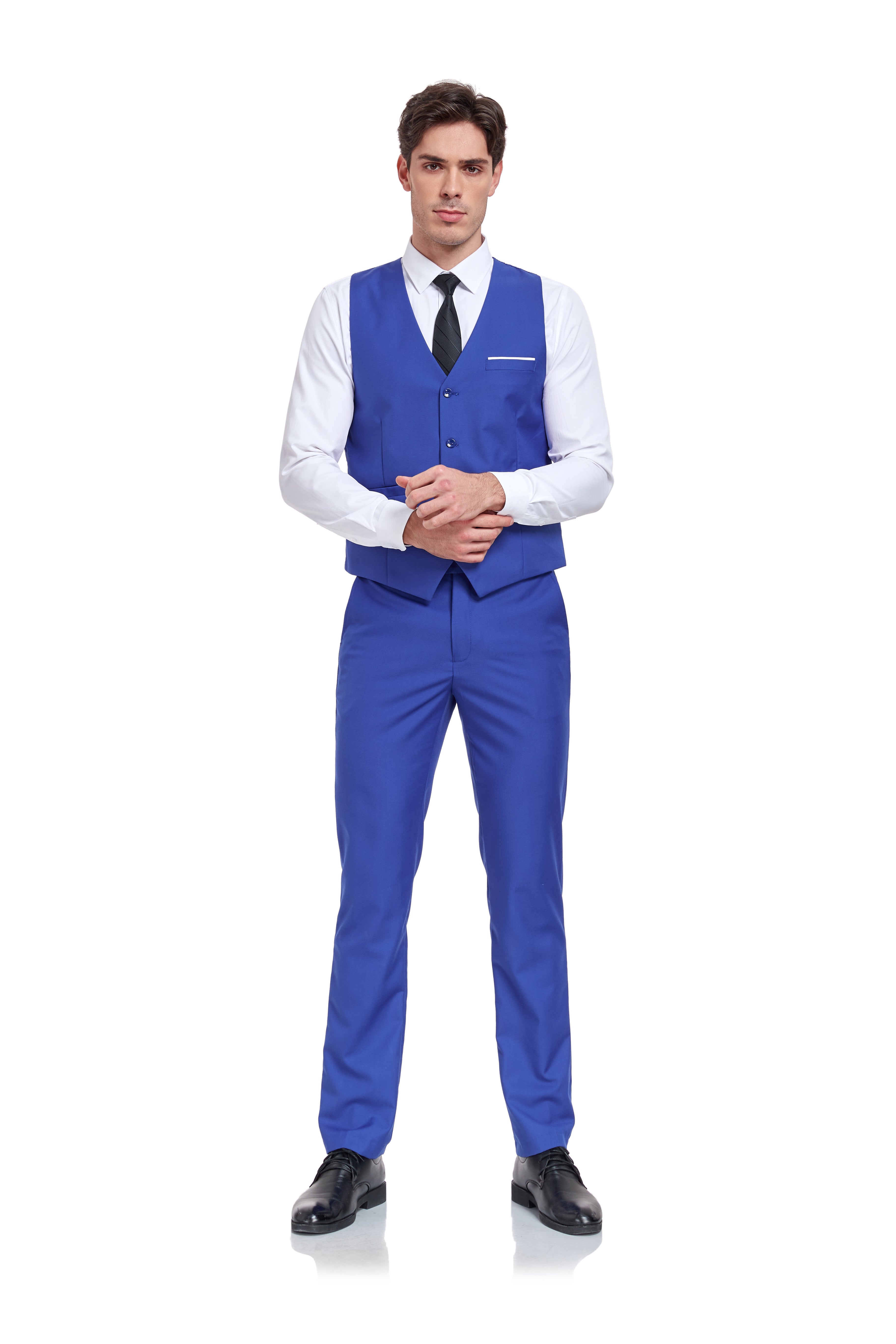 Sleeveless V-neck suit vest in Royal Blue paired with dress pants – men’s minimalist formalwear