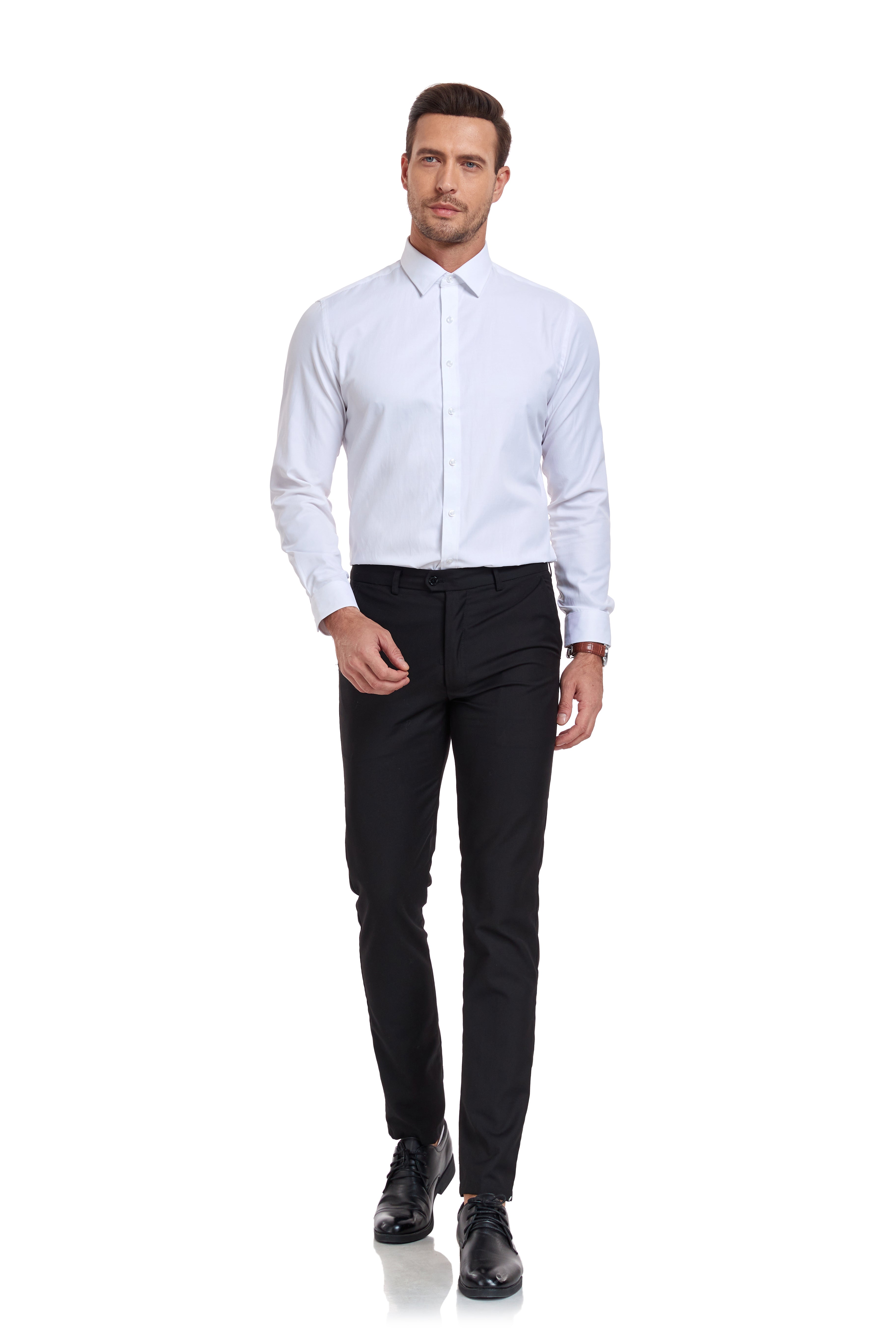Classic white button-up men’s shirt styled for business and evening wear – walking pose