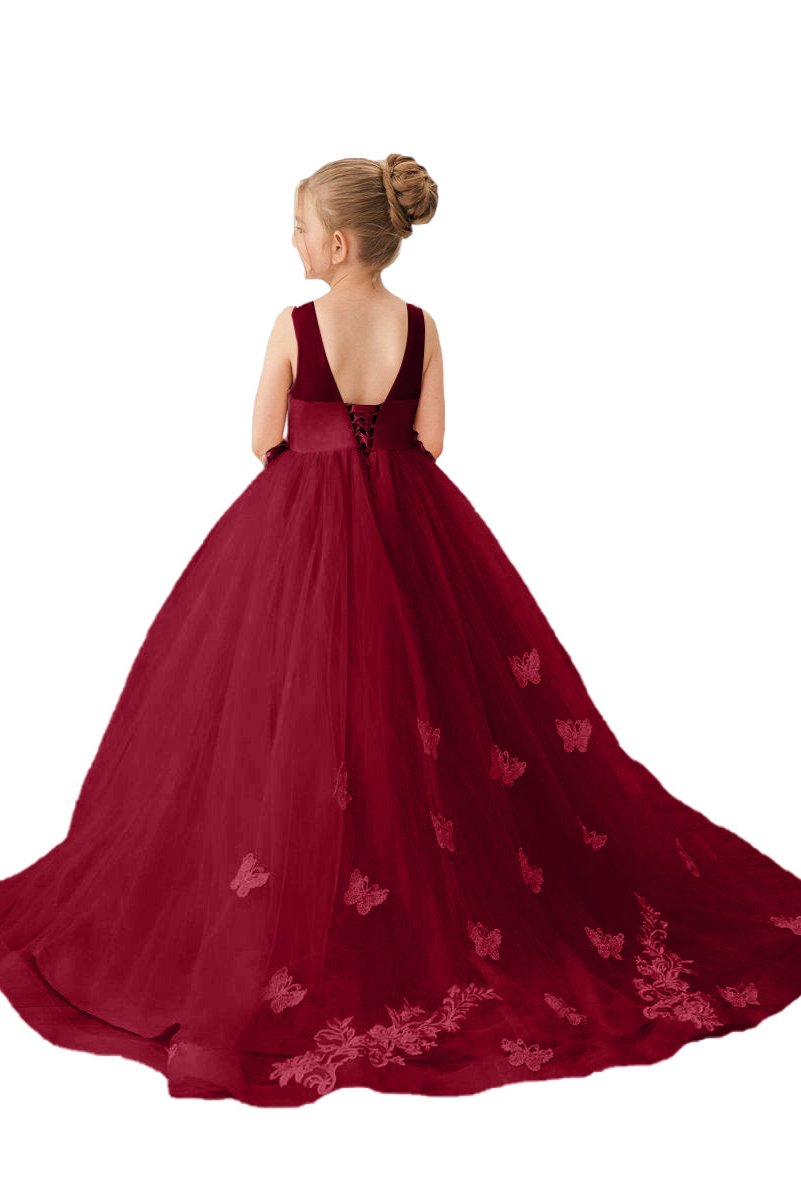 Wehilion applique tulle princess gown in burgundy with floral details and a flowing skirt