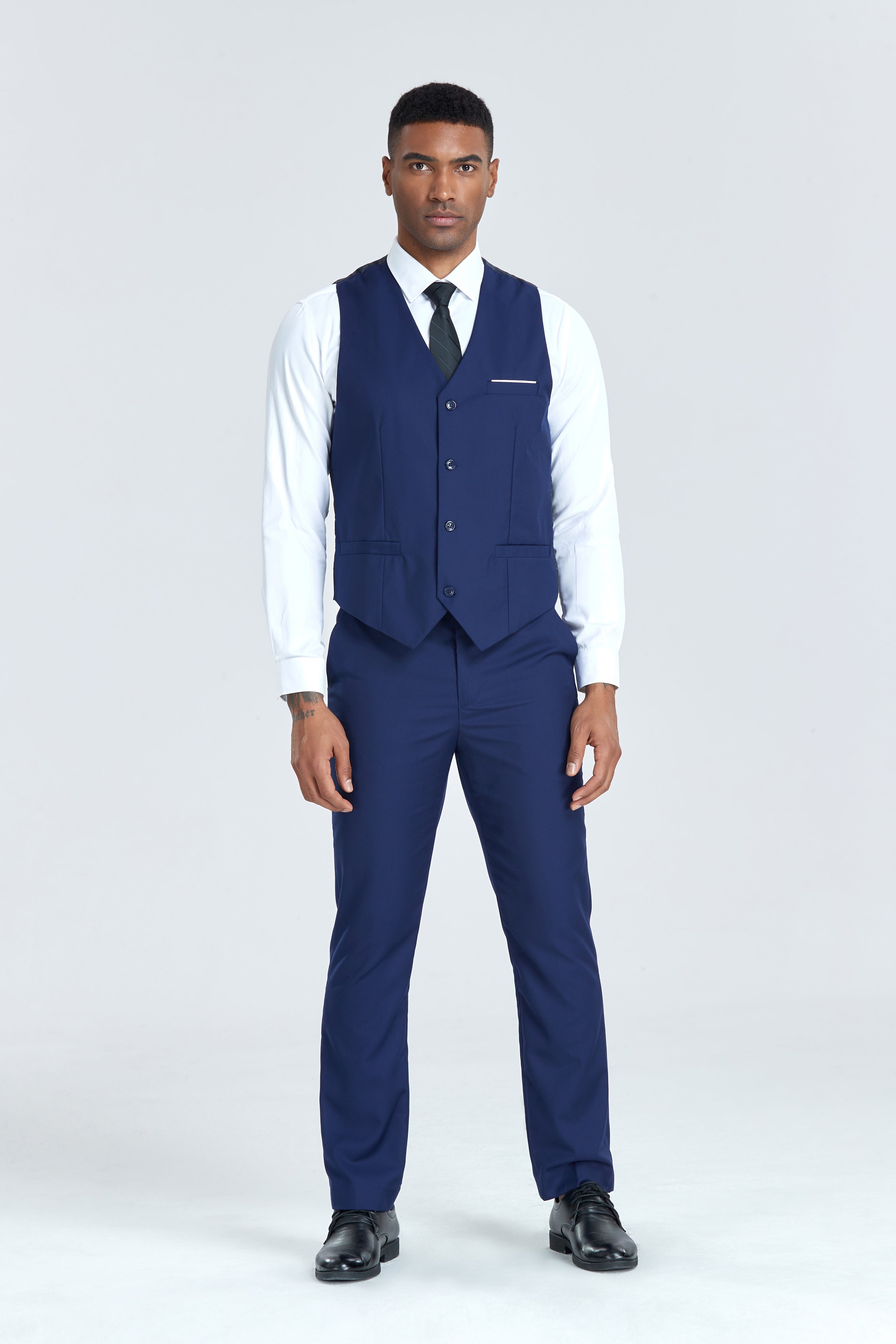 Navy vest and pants set with white shirt for men’s wedding or event wear