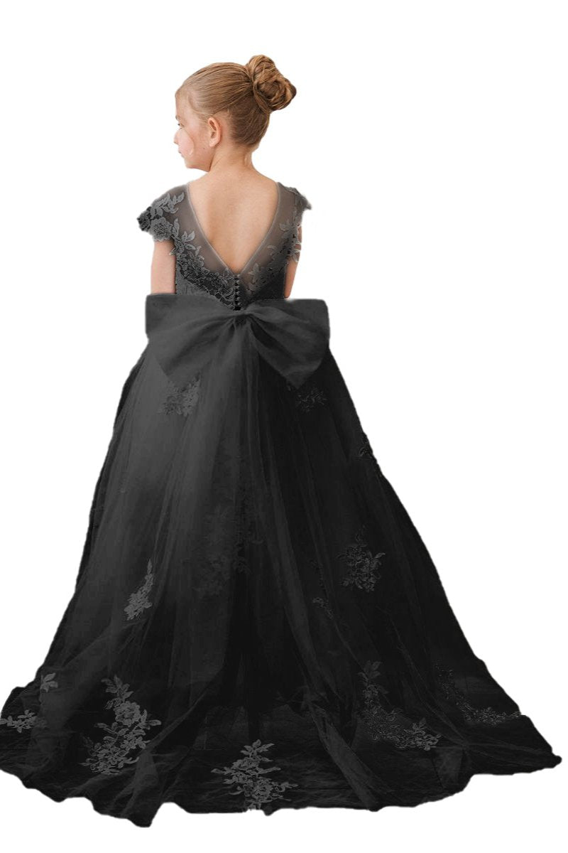 Elegant black flower girl tulle dress with a bow and intricate lace details at the back