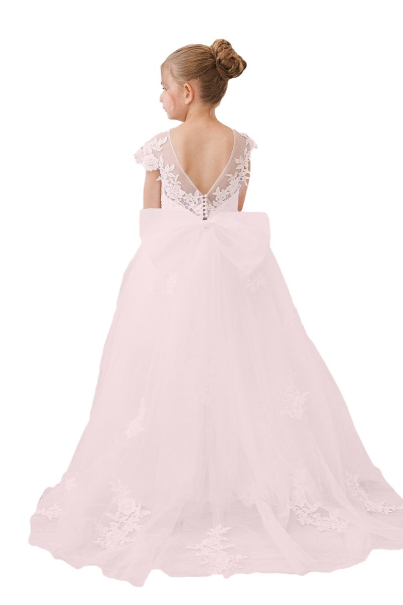 Wehilion flower girl tulle dress in pink with elegant lace detailing and a beautiful bow