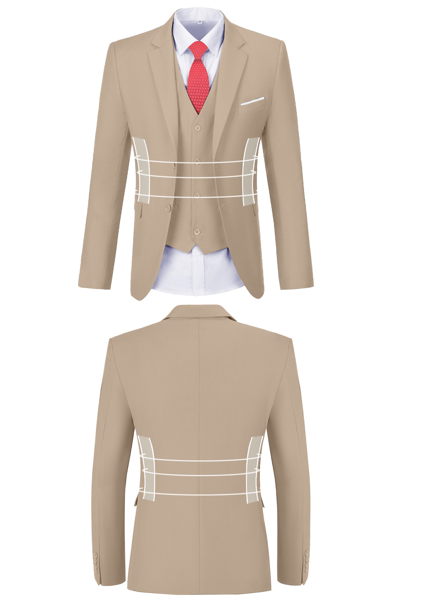 Front and back view of beige suit jacket showing fit, button, and stitching design