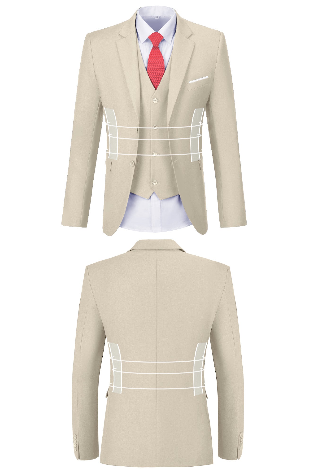 Front and back view of new beige suit jacket showing fit, button, and stitching design