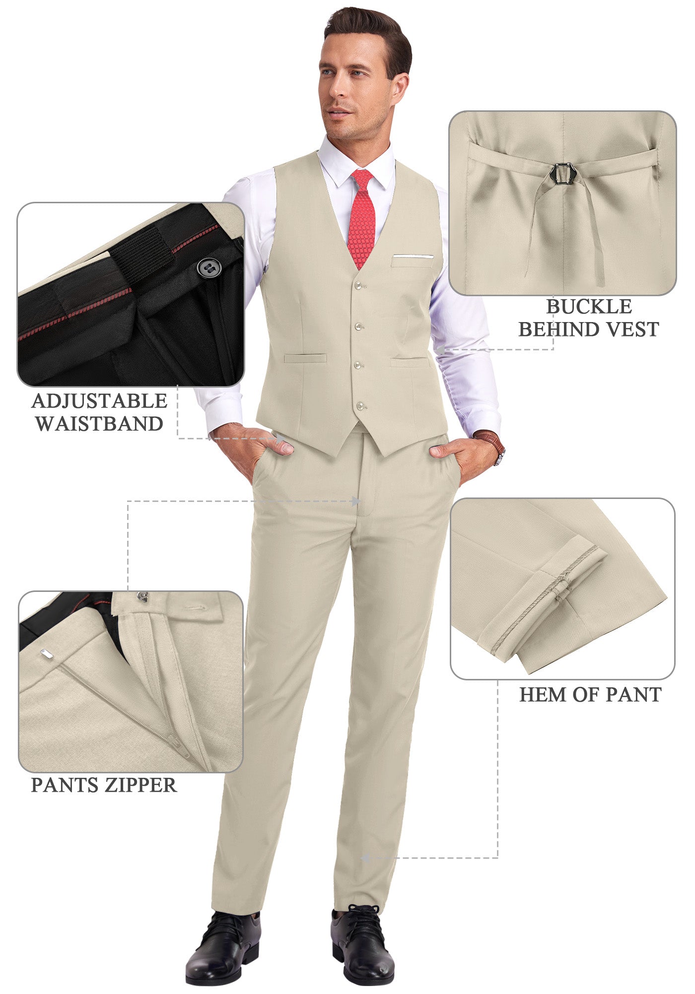 new beige vest and pants displayed on model with zoom-in details on waistband, zipper, and vest buckle