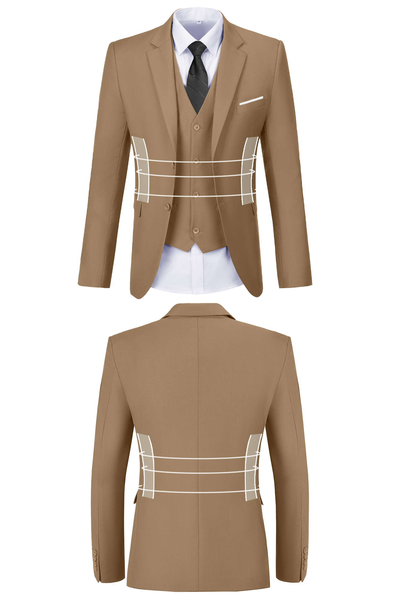 Front and back view of brown suit jacket showing fit, button, and stitching design