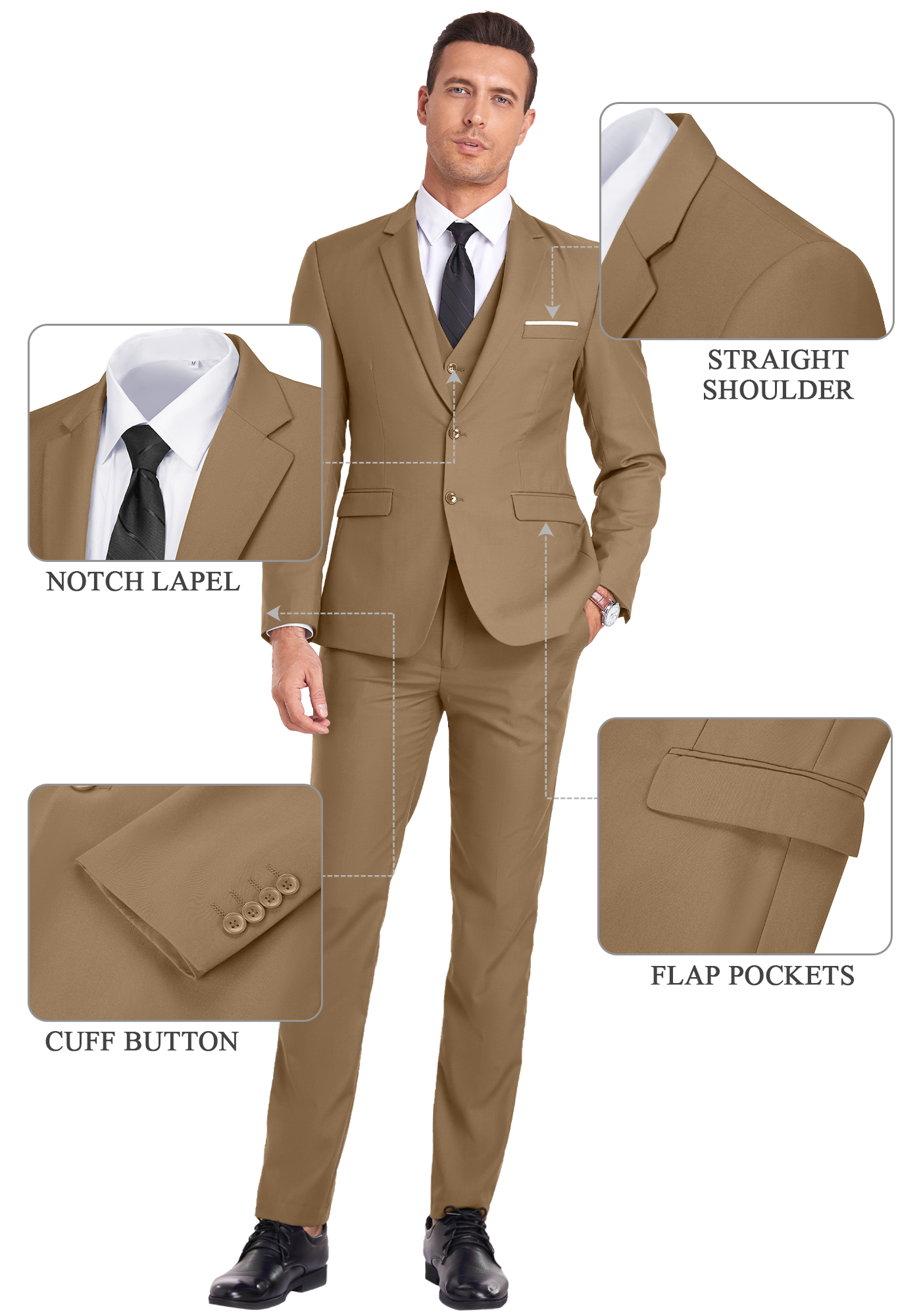 Feature callouts on brown suit showing notch lapel, flap pockets, cuff buttons, and shoulder cut