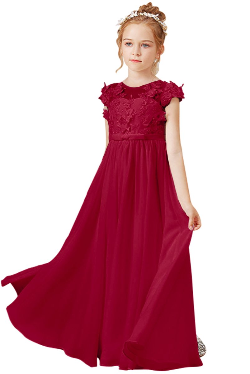 Wehilion flower girl tulle dress in burgundy with floral embroidery and flowing skirt
