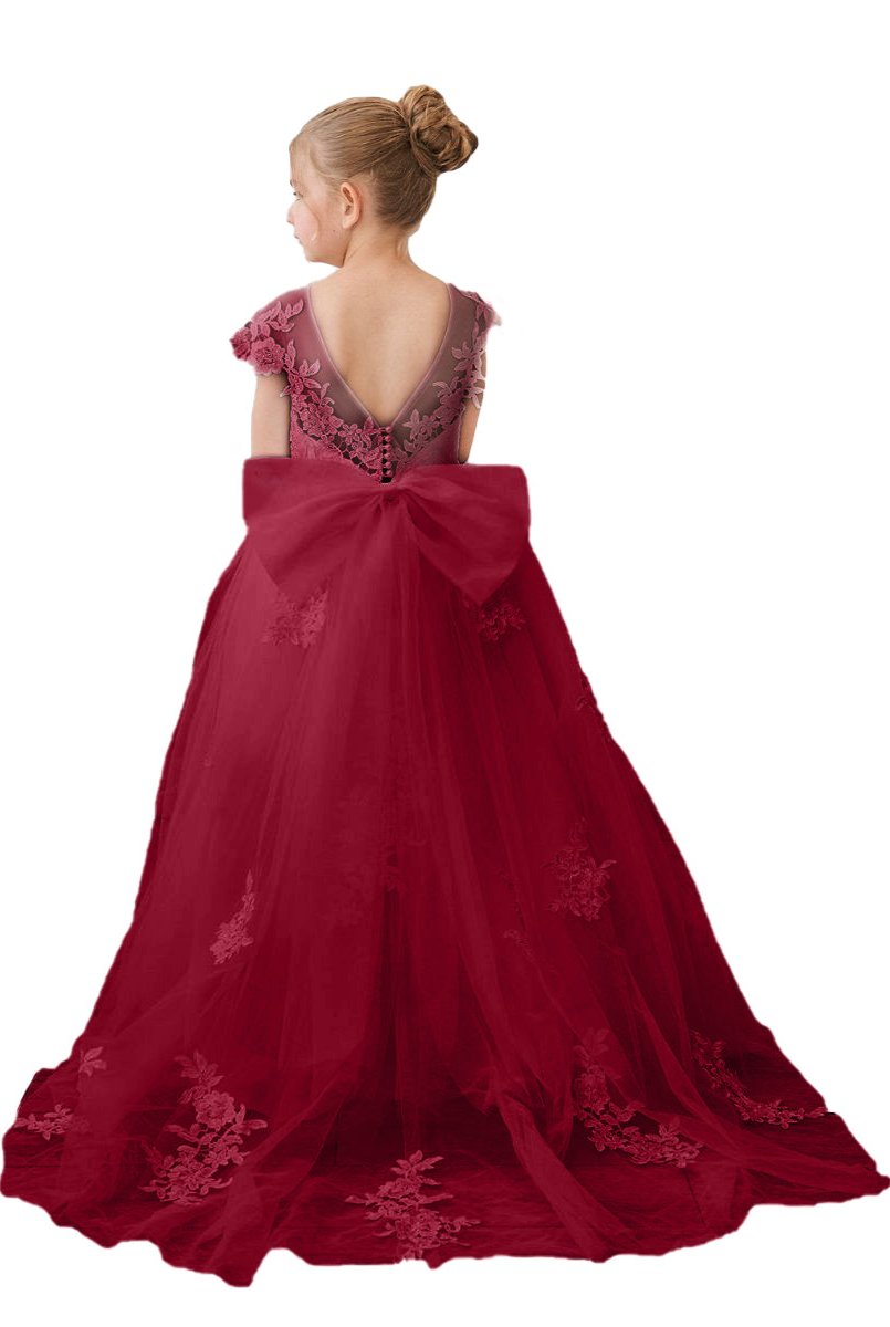 Wehilion flower girl tulle dress in burgundy with floral embroidery and a large bow detail