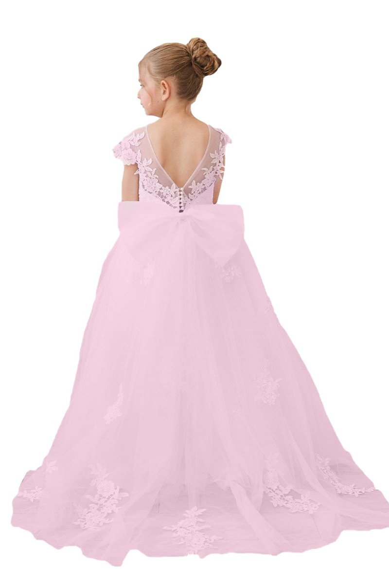 Wehilion flower girl tulle dress in pink with floral embellishments and a bow for special occasions