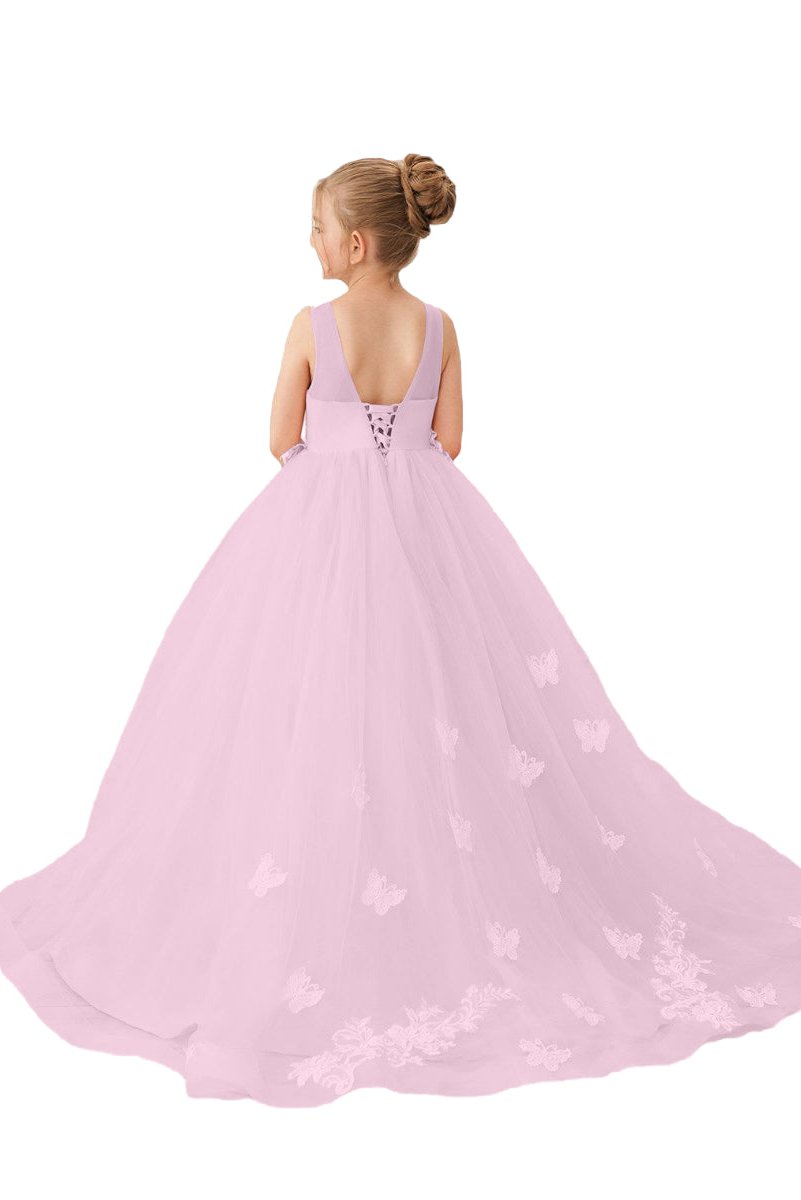 Wehilion Applique Tulle Princess Gown in Pink with Butterfly Details for Girls