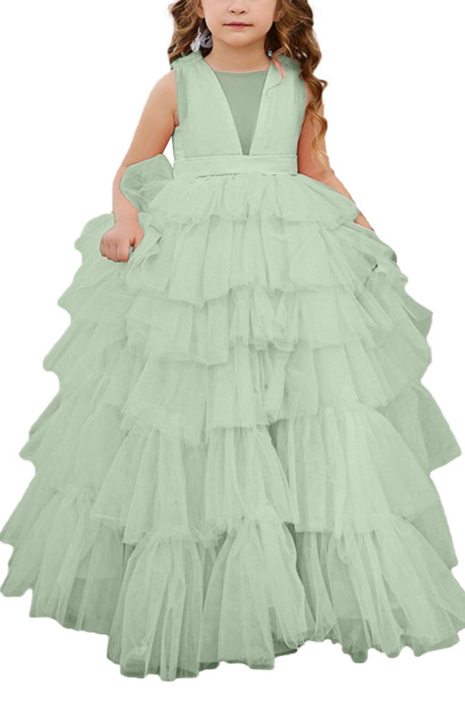 Applique Lace Tulle Flower Girl Dress for Wedding Princess Pageant Party Gown