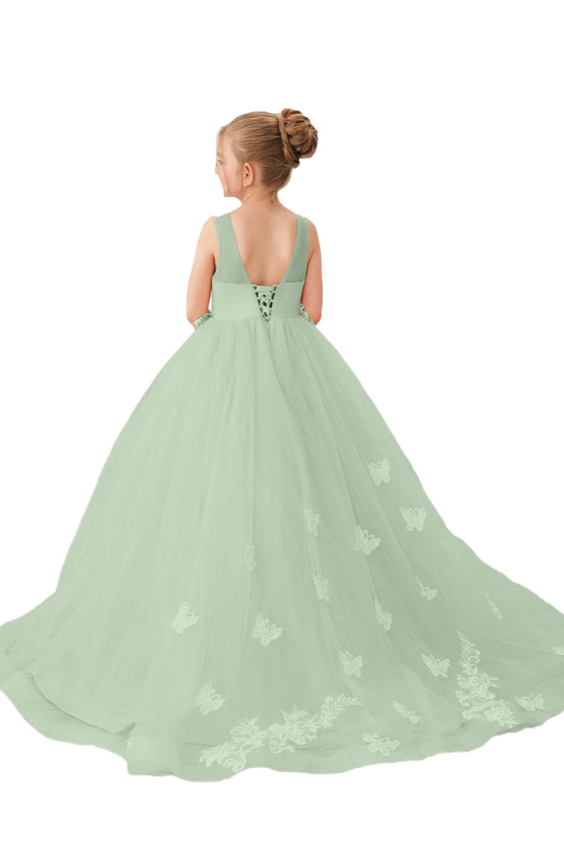 Wehilion applique tulle princess gown in mint green feature elegant butterfly designs and a flowing train