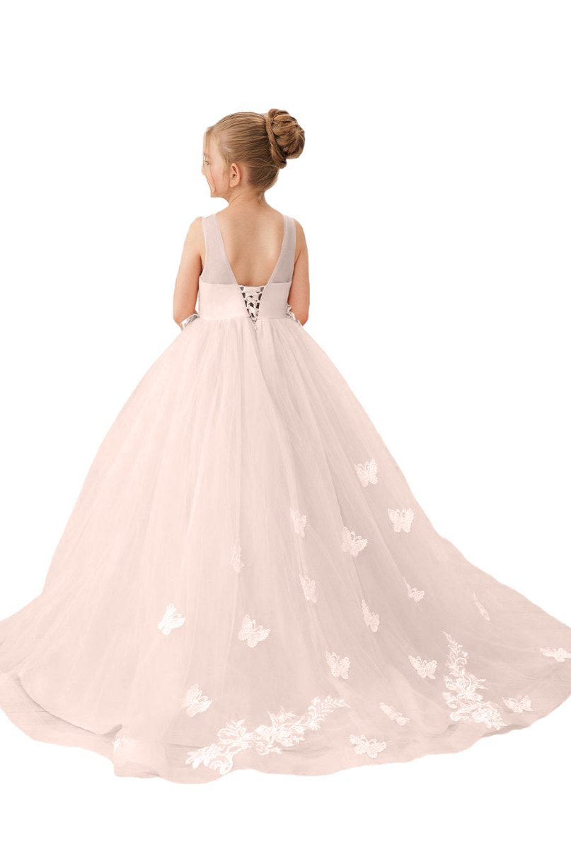 Wehilion applique tulle princess gown in soft pink with butterfly details for girls
