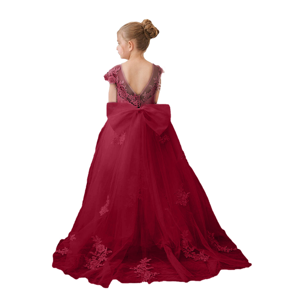 Wehilion flower girl tulle dress in burgundy with a large bow and floral detailing on the back