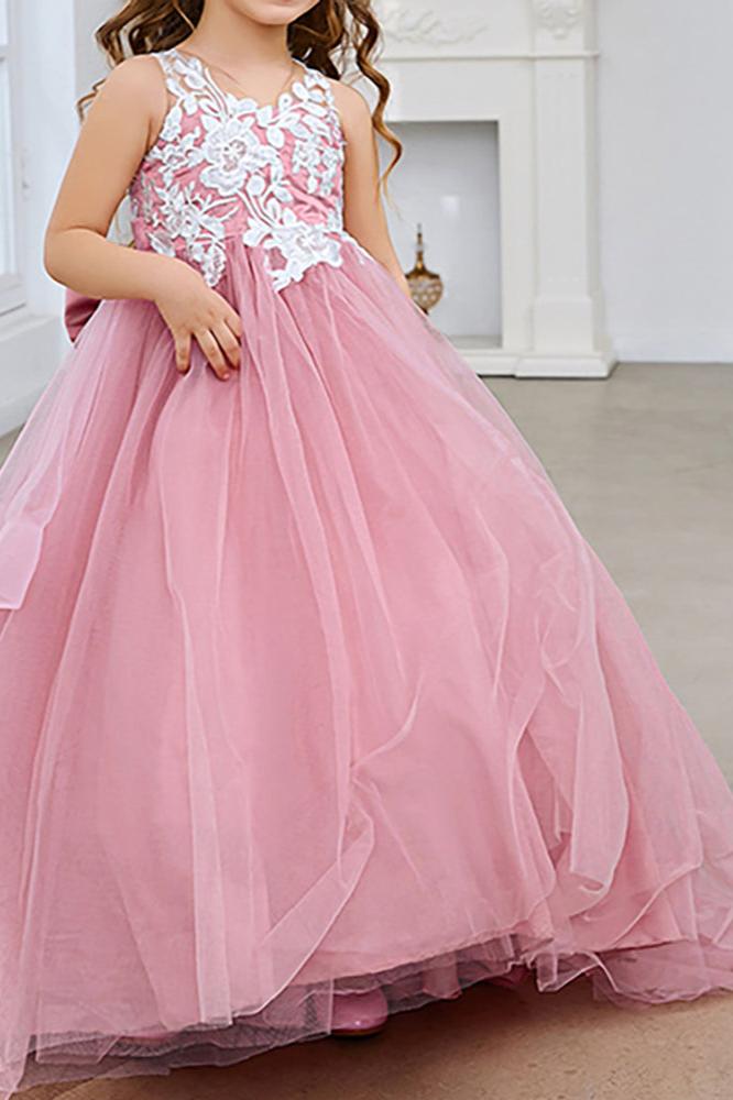 Lace Applique Tulle Flower Girl Dress for Wedding