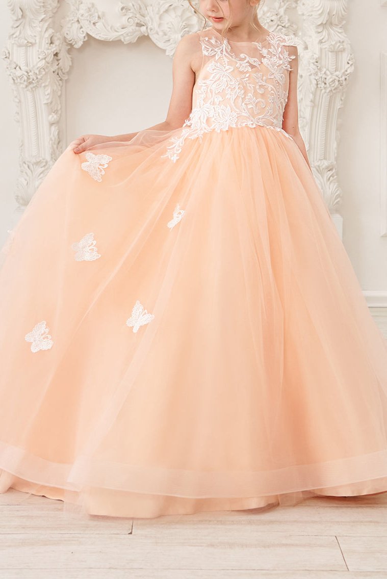 Wehilion applique tulle princess gown in peach with butterfly details for special occasions