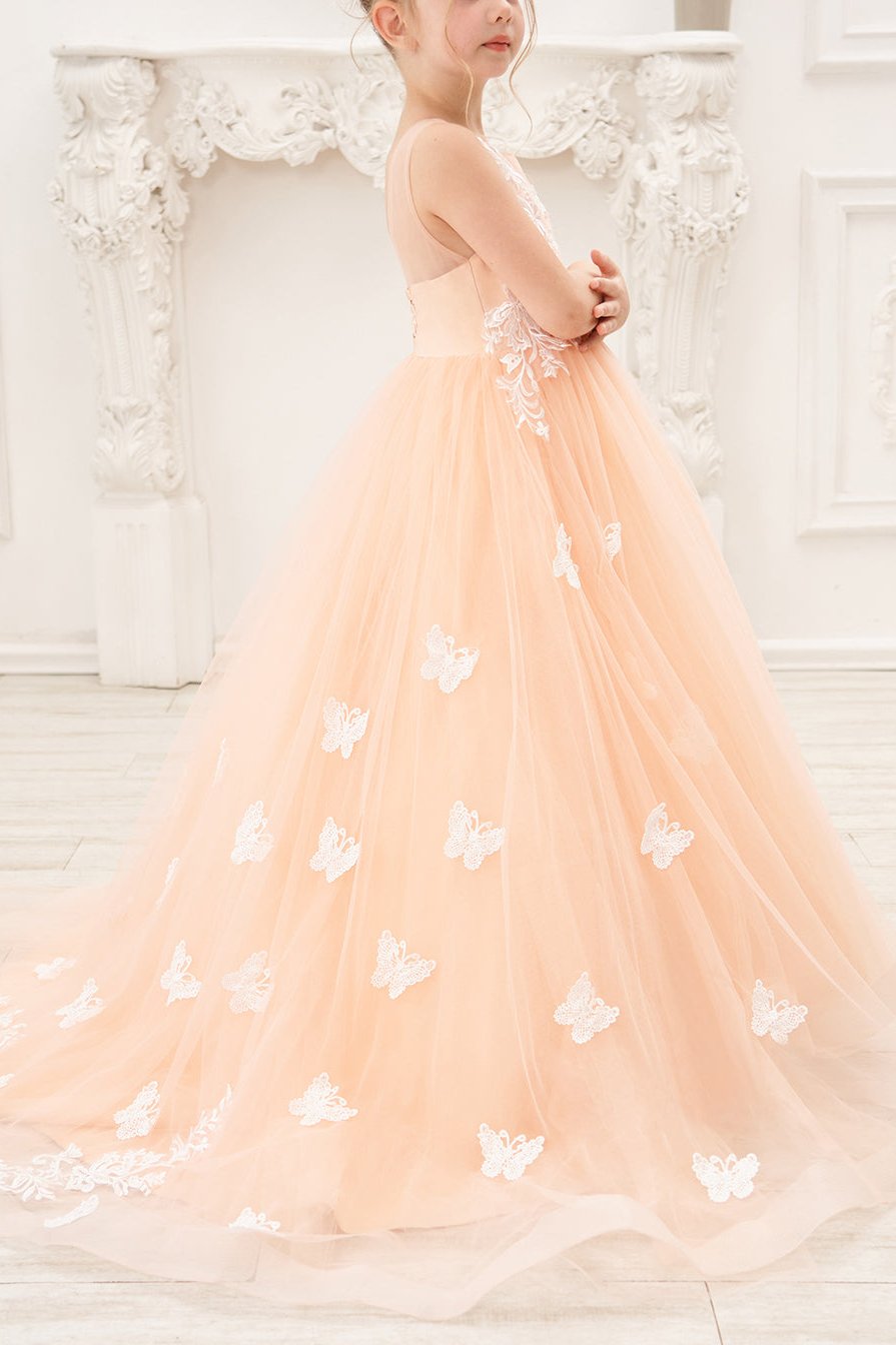 Wehilion applique tulle princess gown in peach with butterfly appliques for girls' special occasions