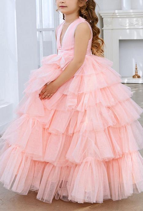 Applique Lace Tulle Flower Girl Dress for Wedding Princess Pageant Party Gown