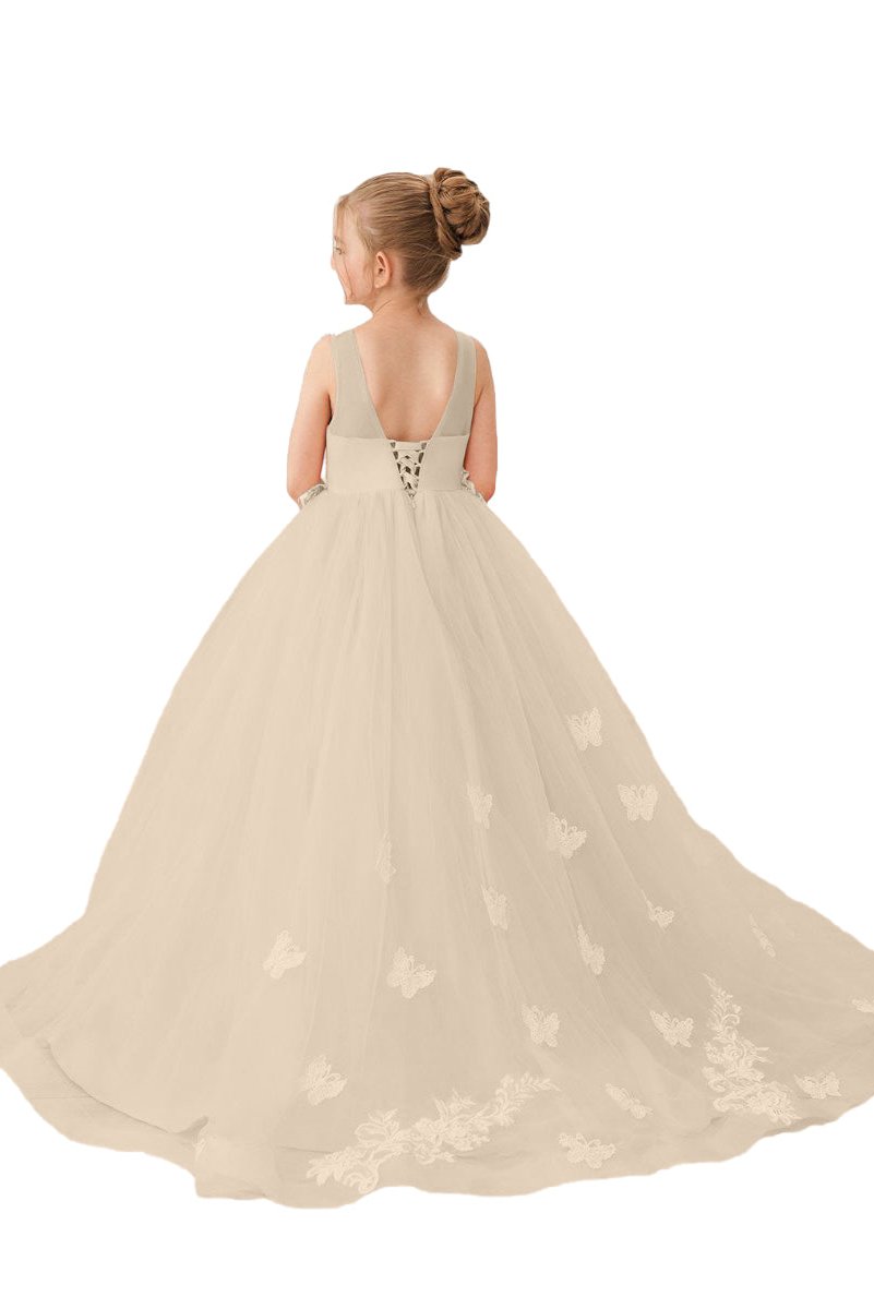 Wehilion applique tulle princess gown with floral design and a flowing train for girls
