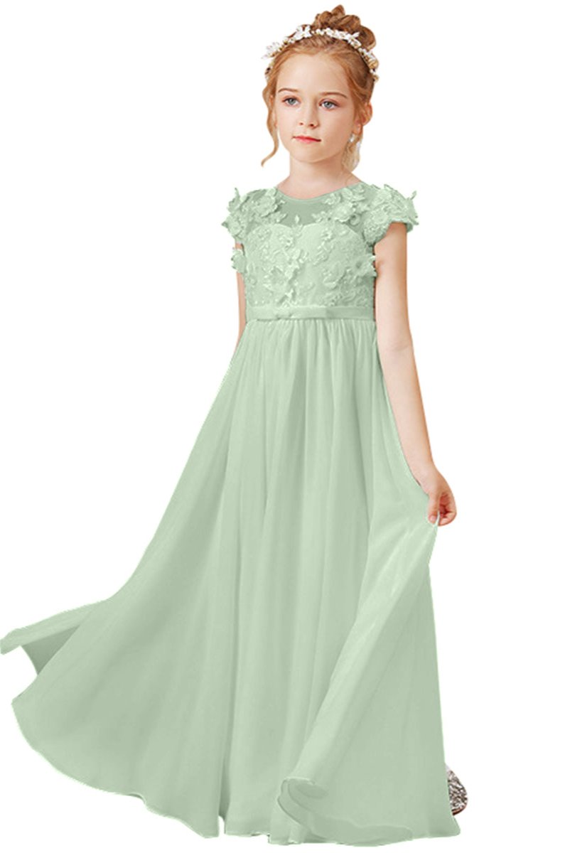 Wehilion flower girl tulle dress in mint green with floral accents and short sleeves