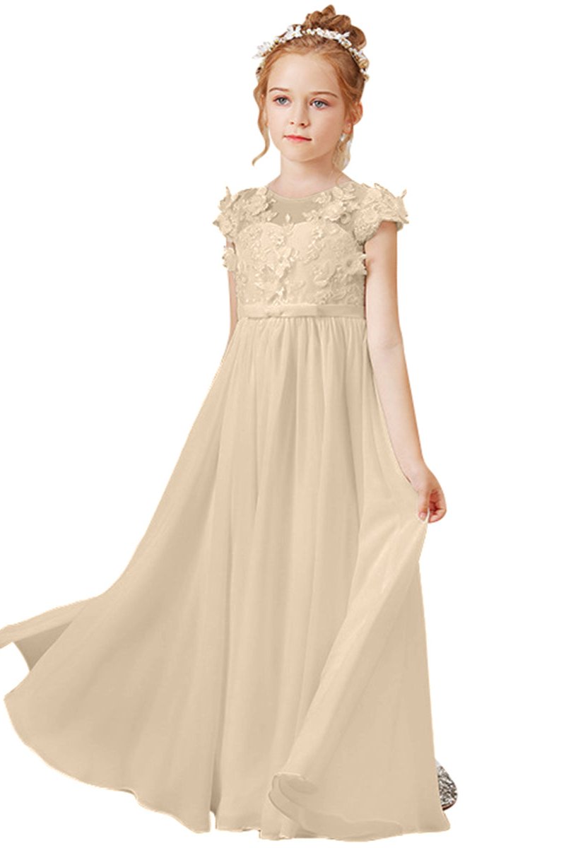 Wehilion flower girl tulle dress in beige with floral detailing and flowing skirt for special occasions