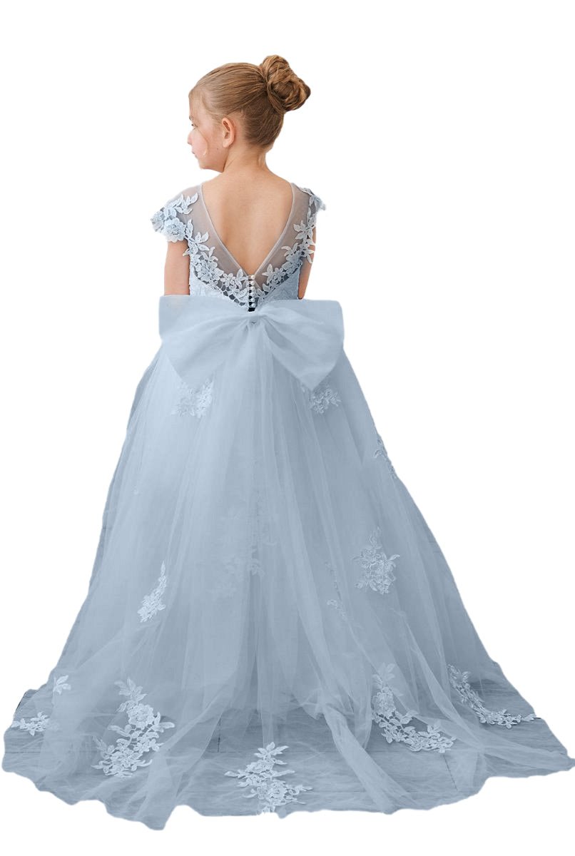 Wehilion flower girl tulle dress in light blue with lace details and a large bow at the back