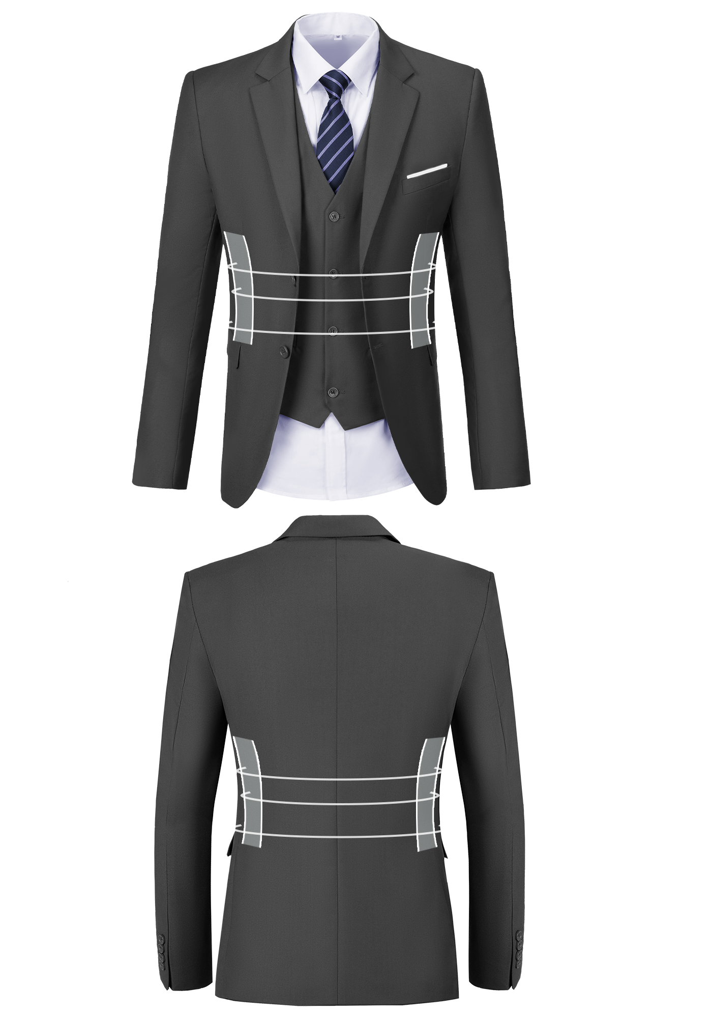Front and back flat lay of dark grey suit jacket showing waist adjustment structure and button details