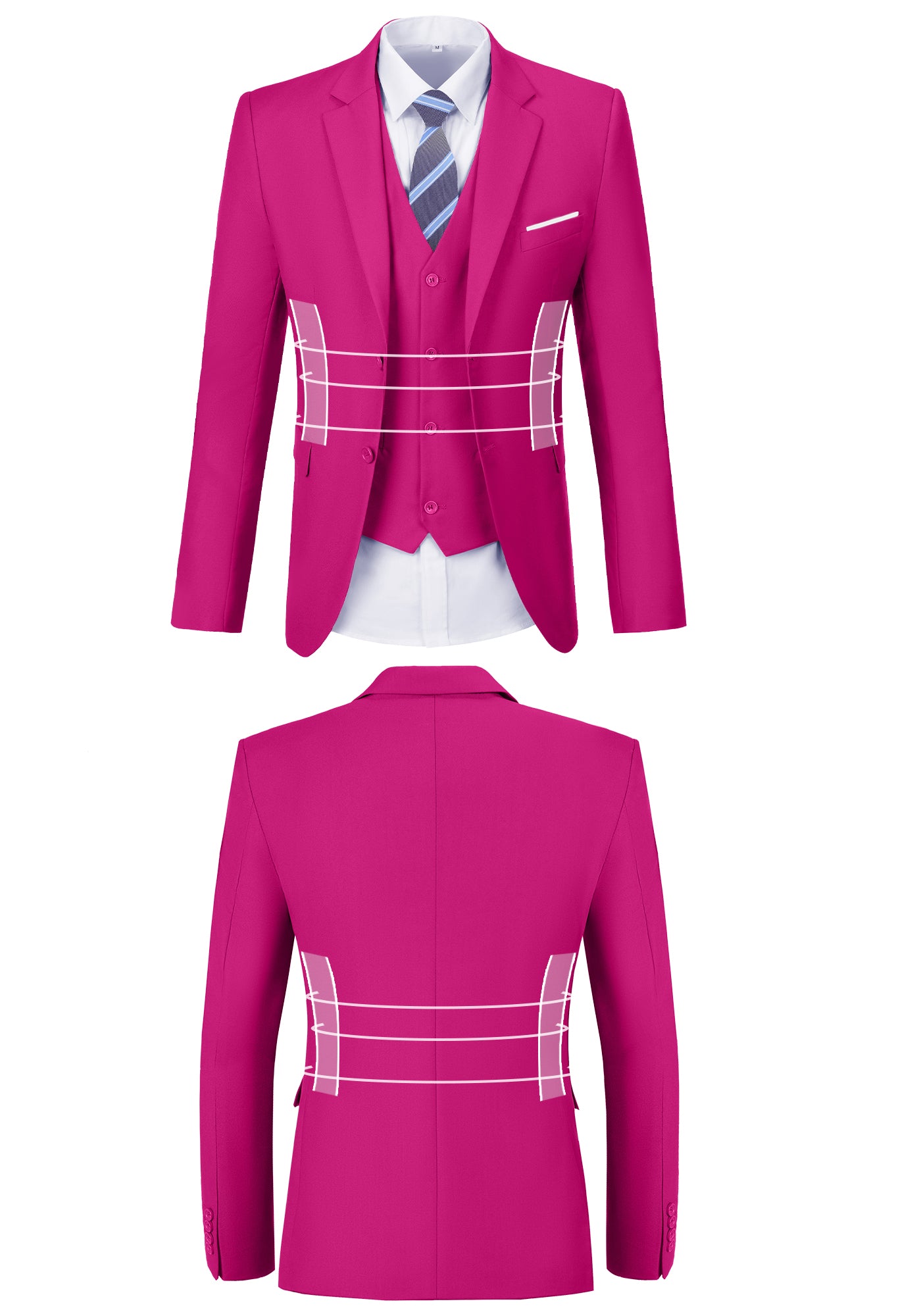 Front and back view of fuchsia suit jacket showing fit, button, and stitching design