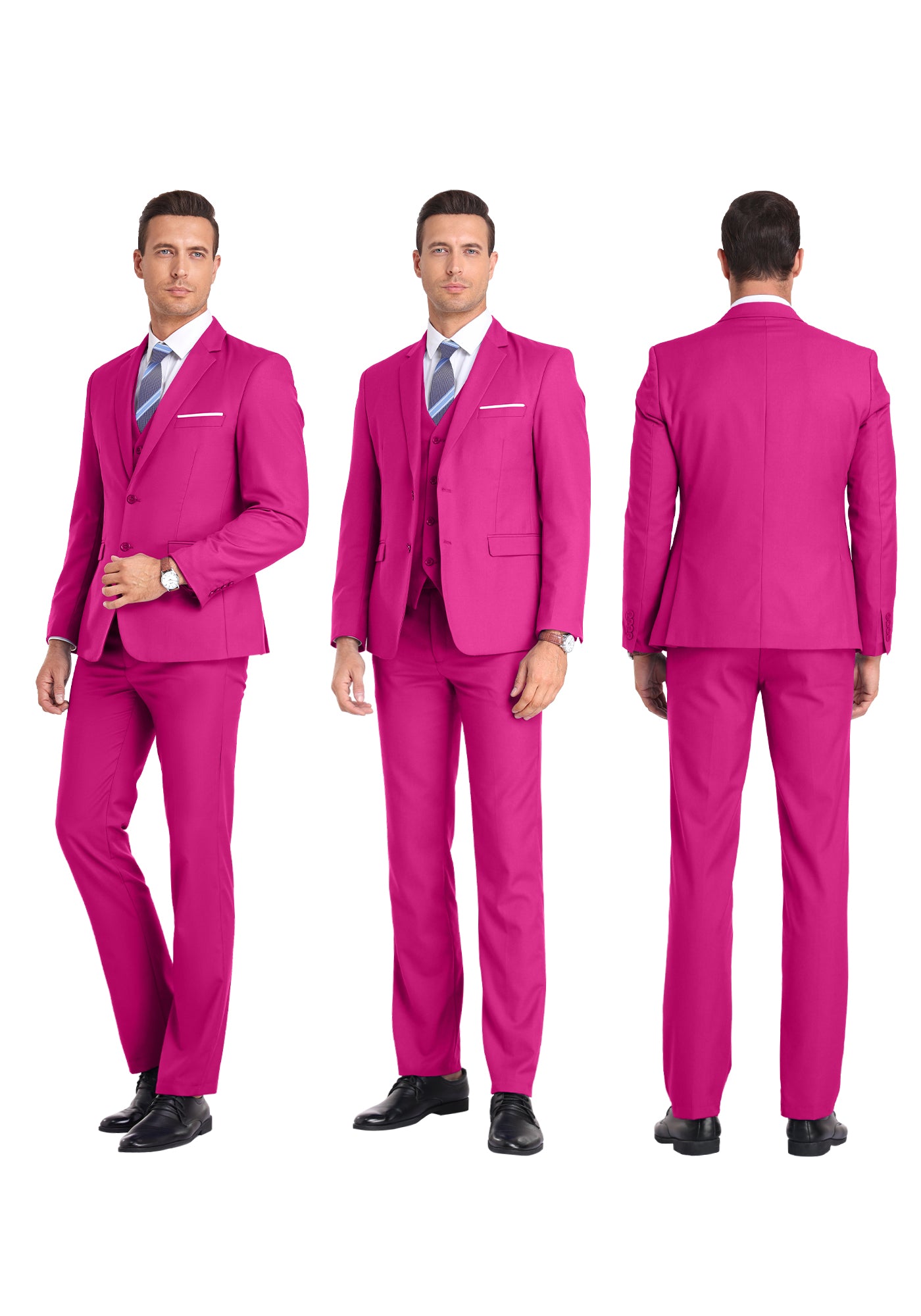 Three-angle view of model in fuchsia suit from front, side, and rear, highlighting tailored fit