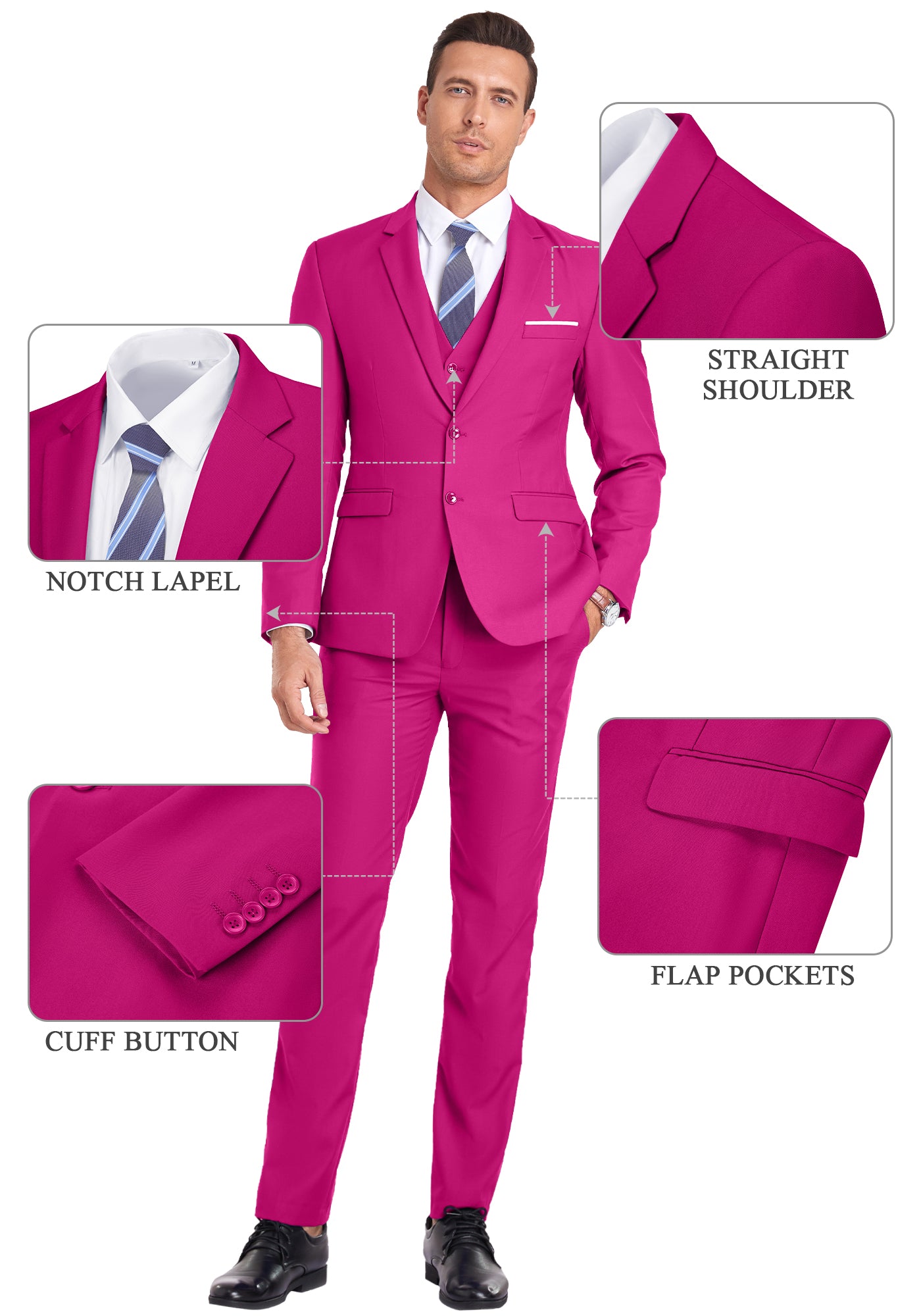 Feature callouts on fuchsia suit showing notch lapel, flap pockets, cuff buttons, and shoulder cut