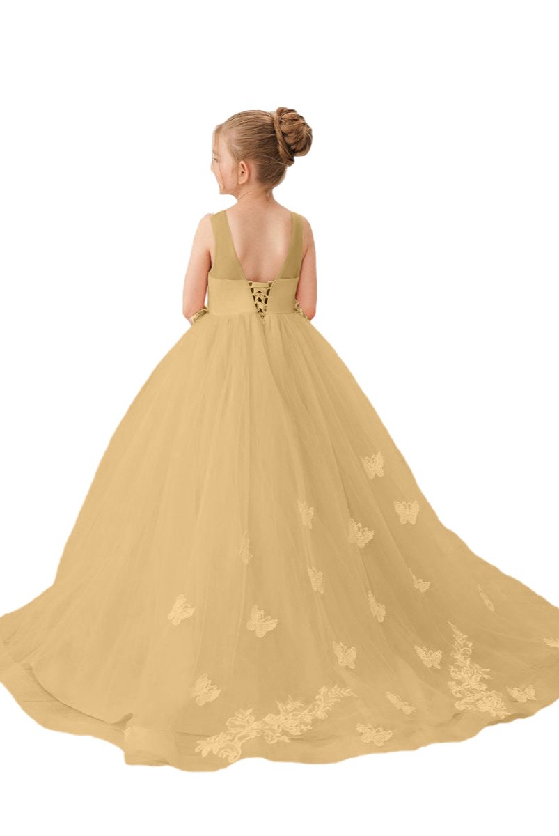 Wehilion applique tulle princess gown in yellow with delicate floral details and a long flowing train