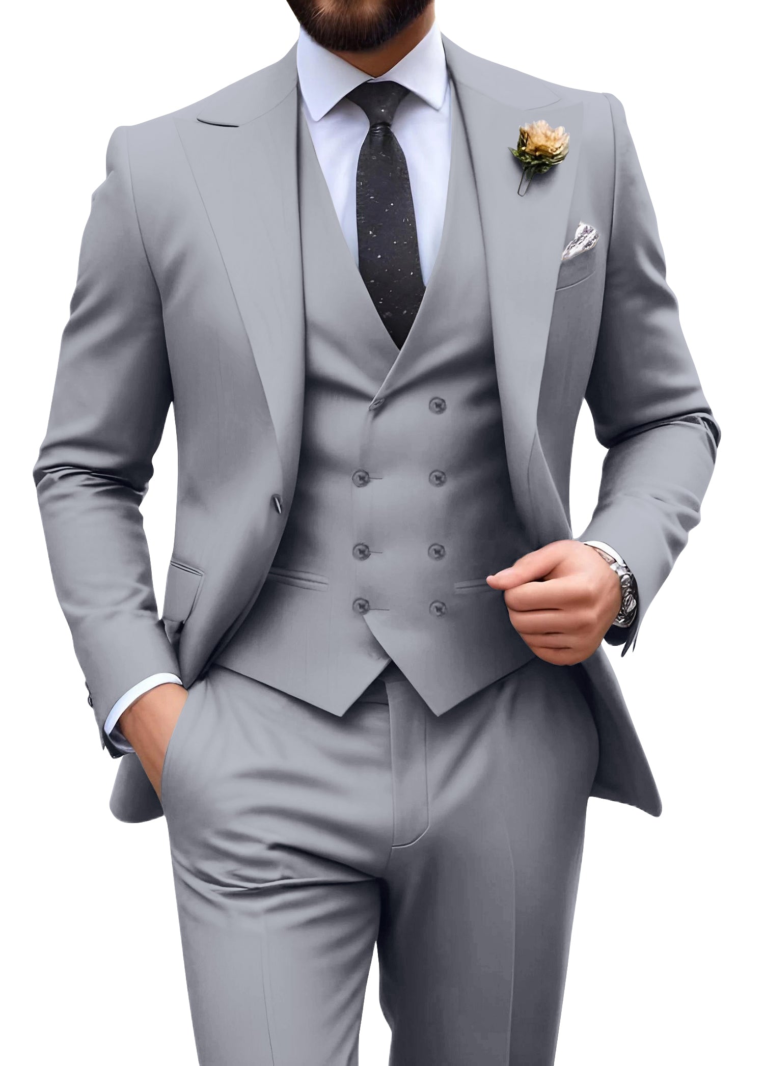 Men’s grey tuxedo set with tailored fit blazer, formal vest, and dress pants – ideal for casual weddings or prom