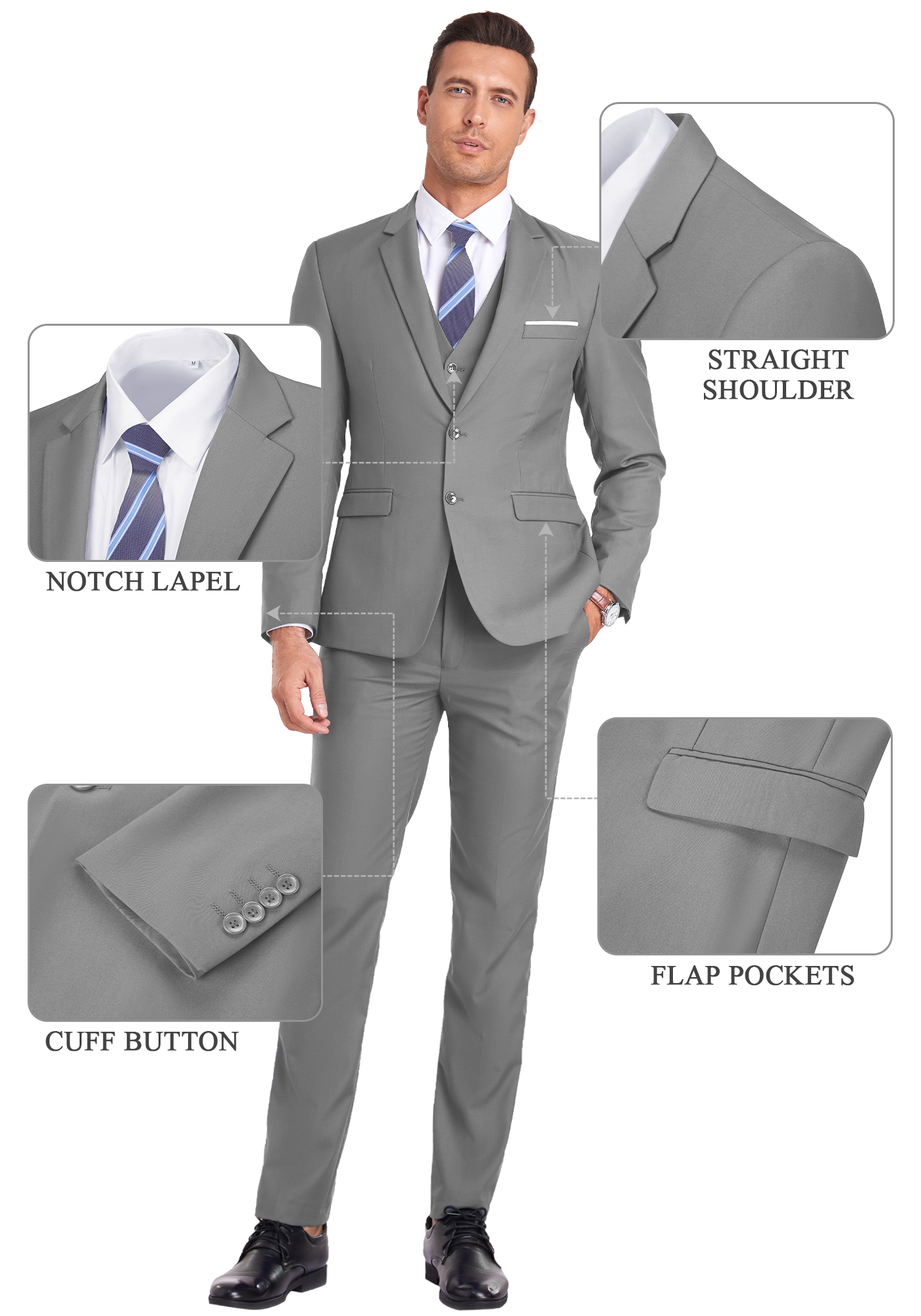 Feature callouts on grey suit showing notch lapel, flap pockets, cuff buttons, and shoulder cut