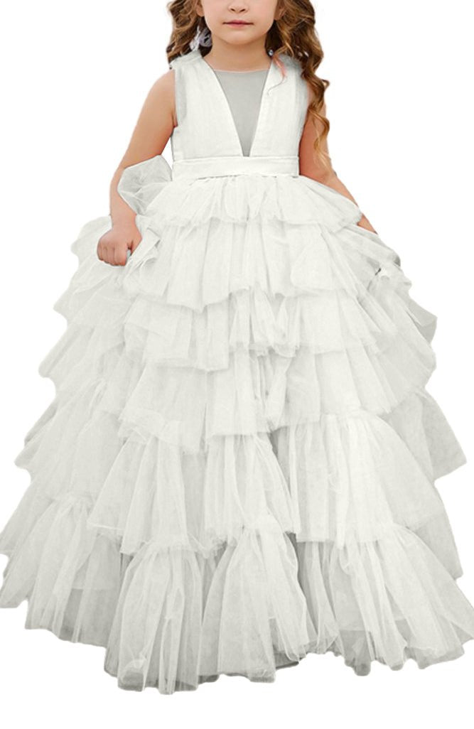 Applique Lace Tulle Flower Girl Dress for Wedding Princess Pageant Party Gown