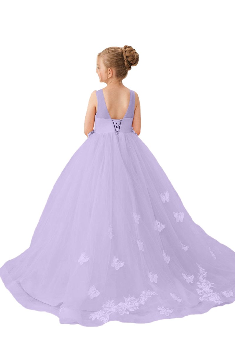 Wehilion applique tulle princess gown in lavender with embroidered butterfly design for girls
