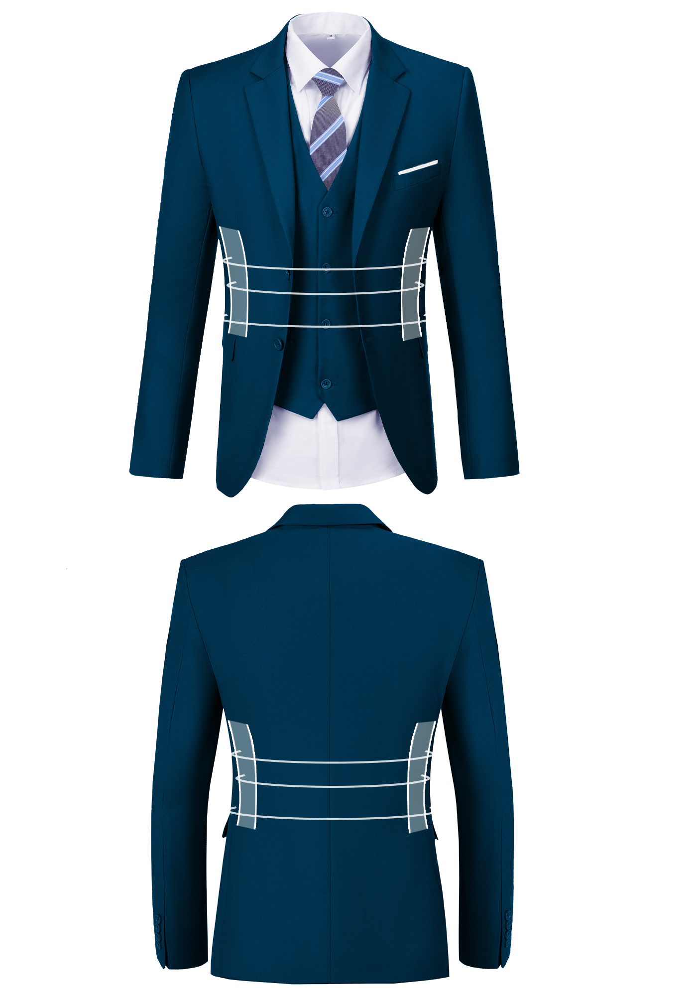 Front and back view of lake blue suit jacket showing fit, button, and stitching design
