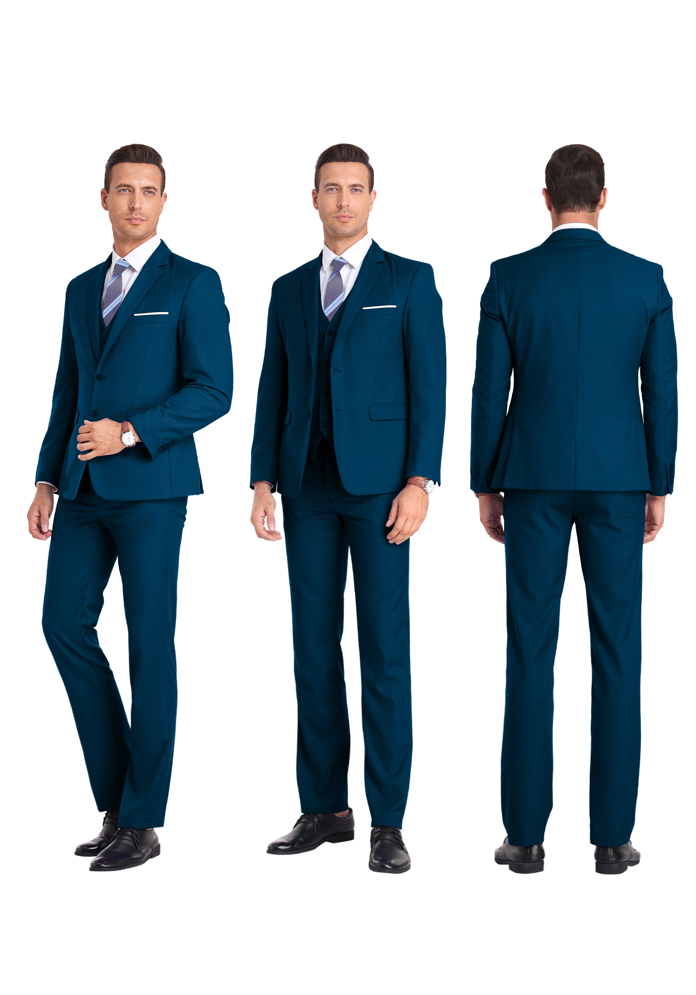 Three-angle view of model in lake blue suit from front, side, and rear, highlighting tailored fit