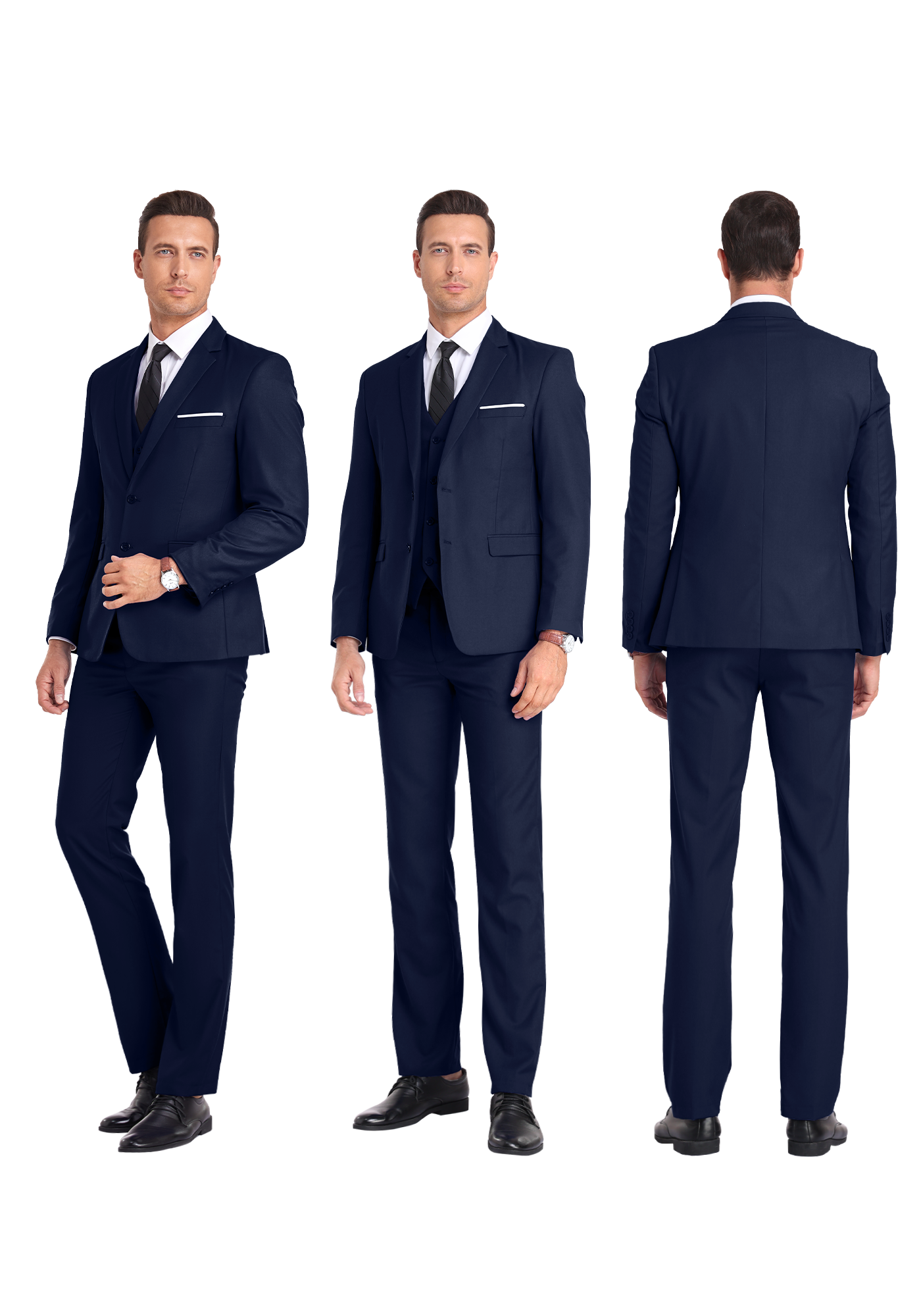 Three-angle view of model in navy blue suit from front, side, and rear, highlighting tailored fit