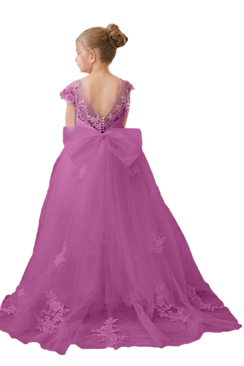 Wehilion flower girl tulle dress in purple with embroidered details and a bow at the back