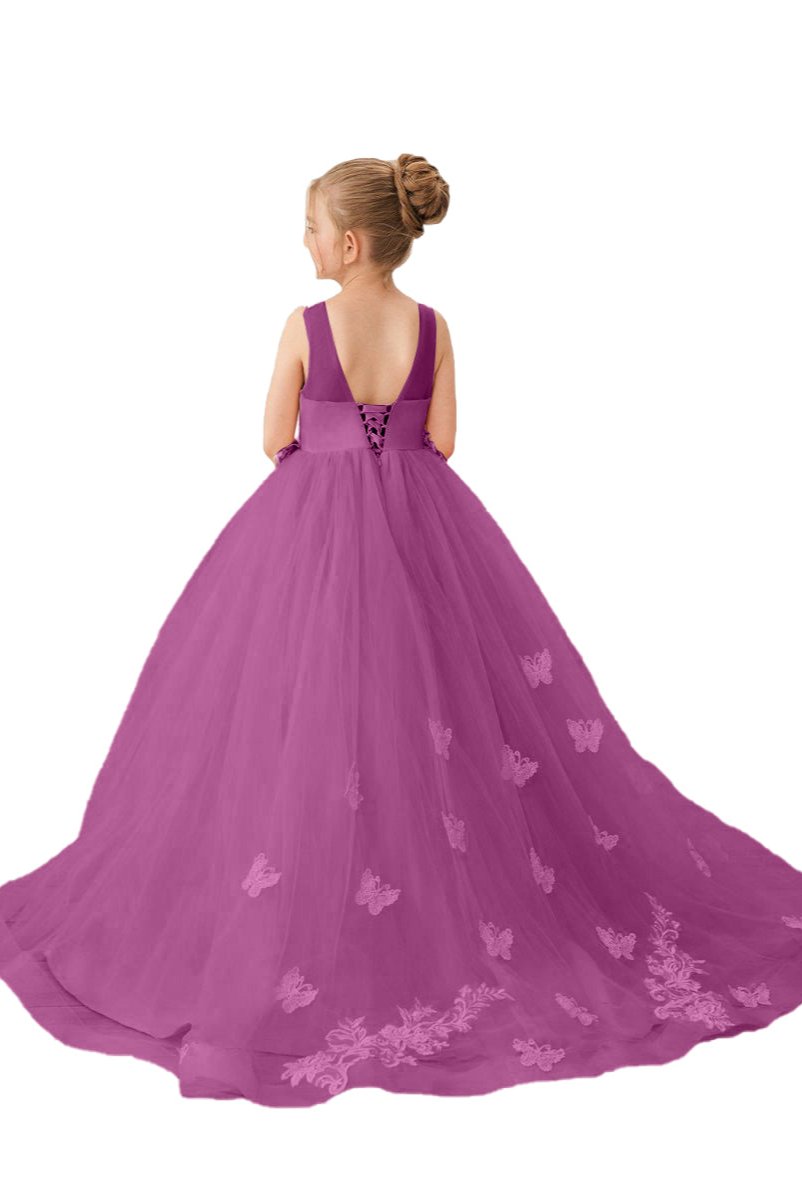 Wehilion applique tulle princess gown in purple with butterfly embroidery and a flowing train