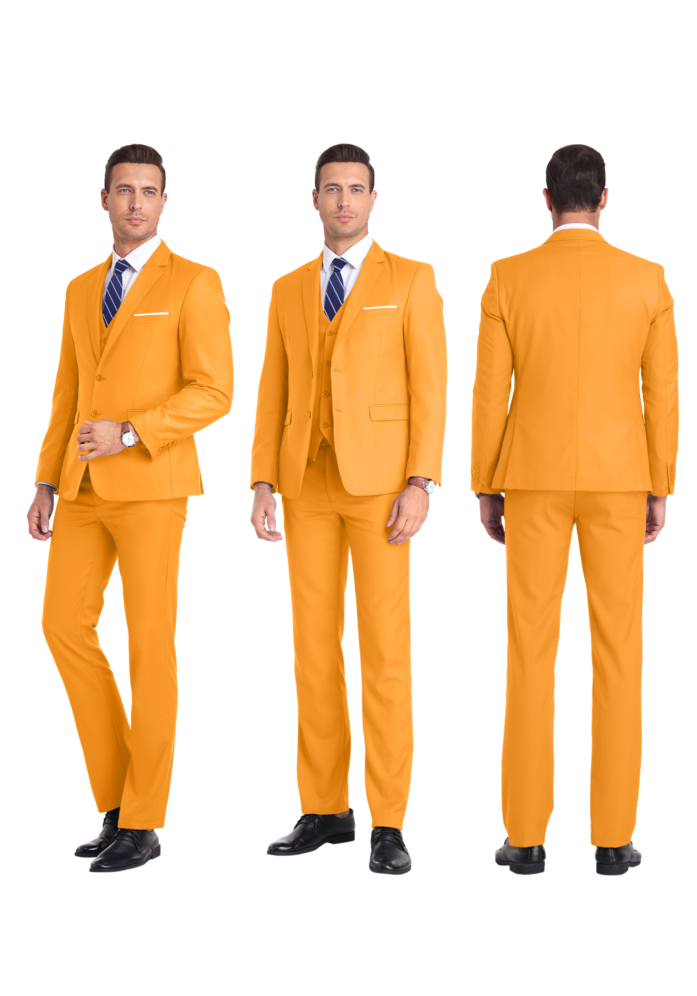 Three-angle view of model in orange suit from front, side, and rear, highlighting tailored fit