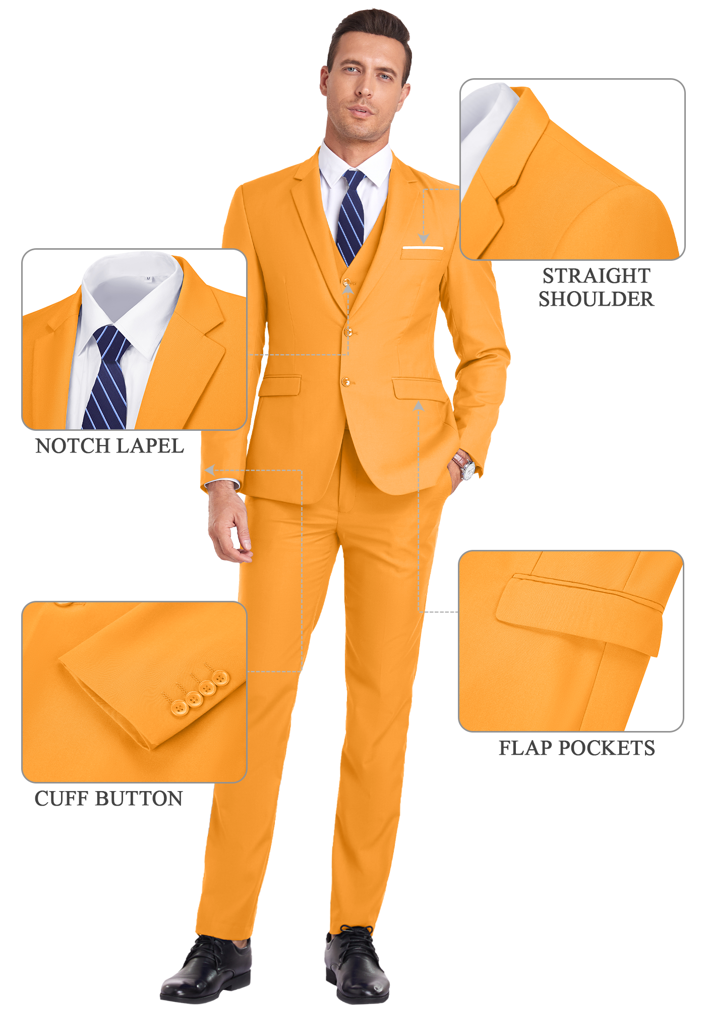 Feature callouts on orange suit showing notch lapel, flap pockets, cuff buttons, and shoulder cut