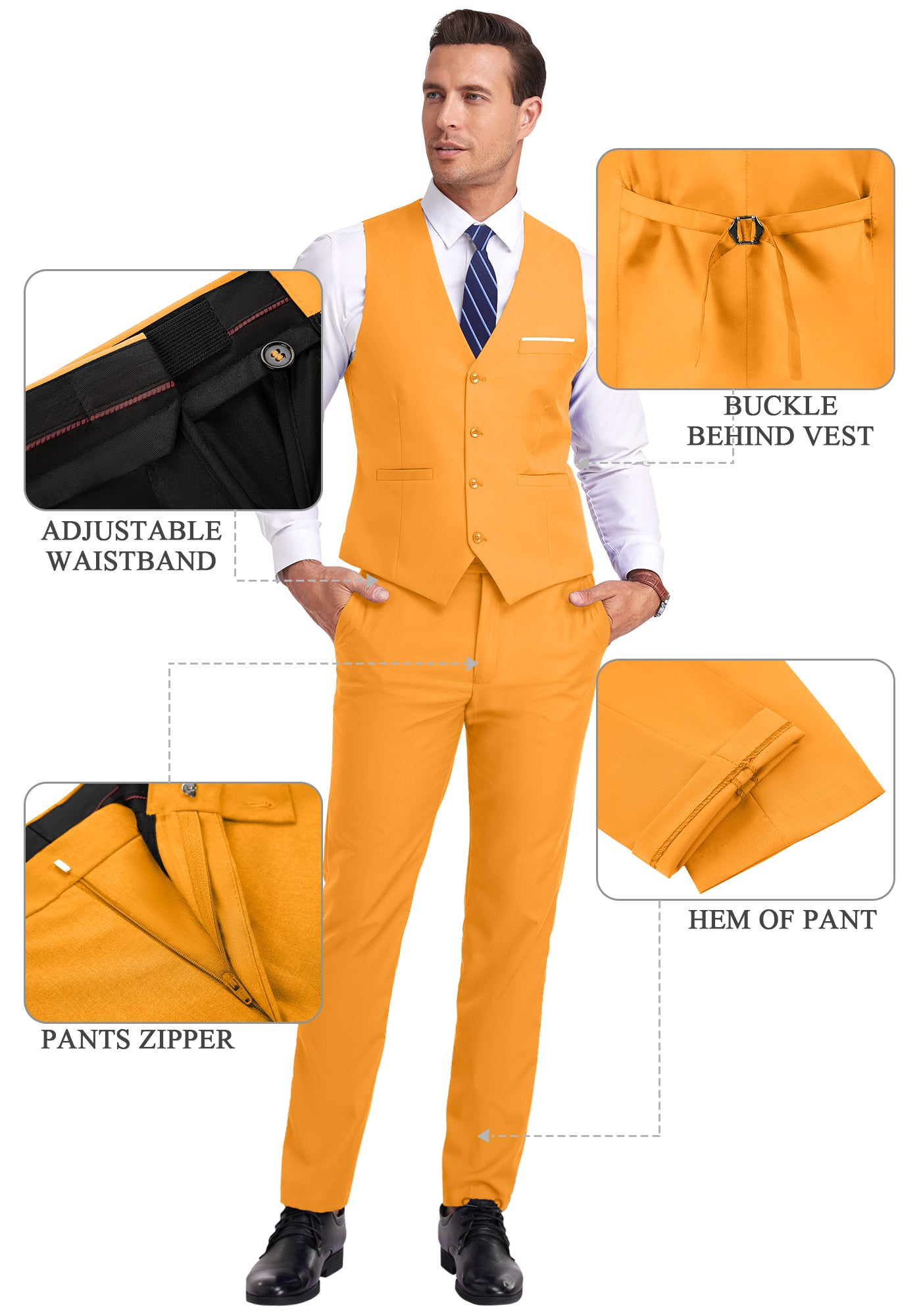 orange vest and pants displayed on model with zoom-in details on waistband, zipper, and vest buckle